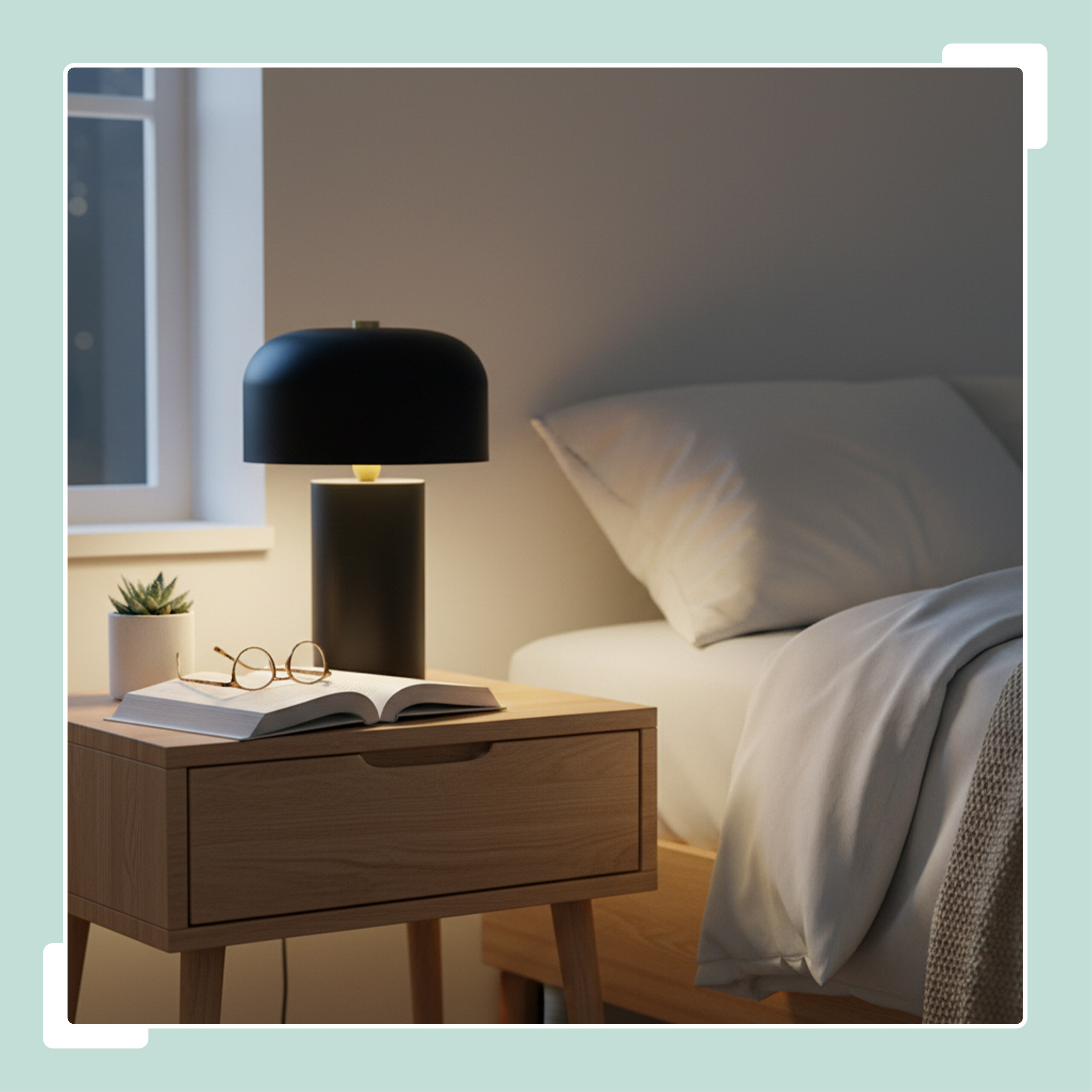 Nachtschrank mit Lampe, Brille auf einem offenen Buch und kleiner Sukkulente neben einem Bett.