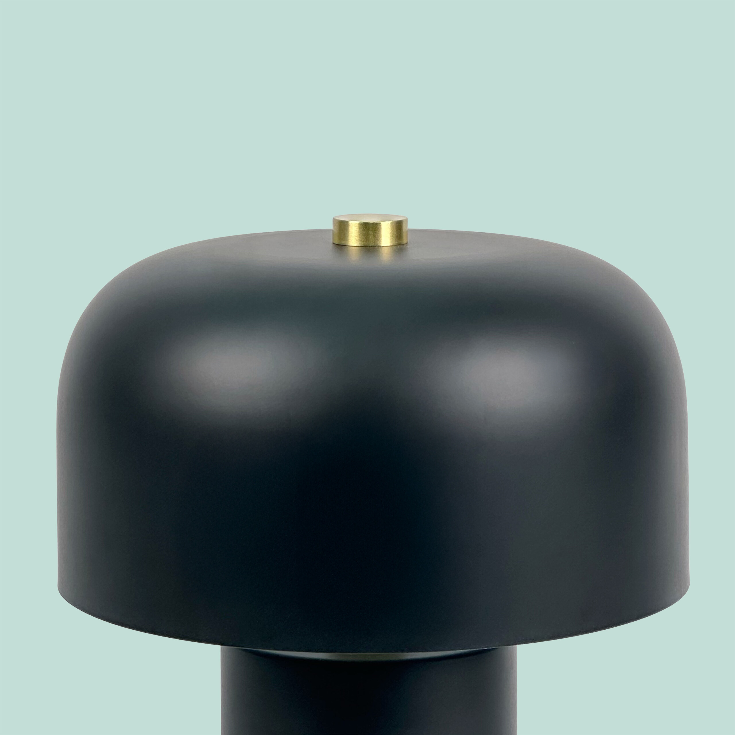 Eine matte schwarze Lampe mit einem goldenen Knopf oben vor einem mintgrünen Hintergrund.