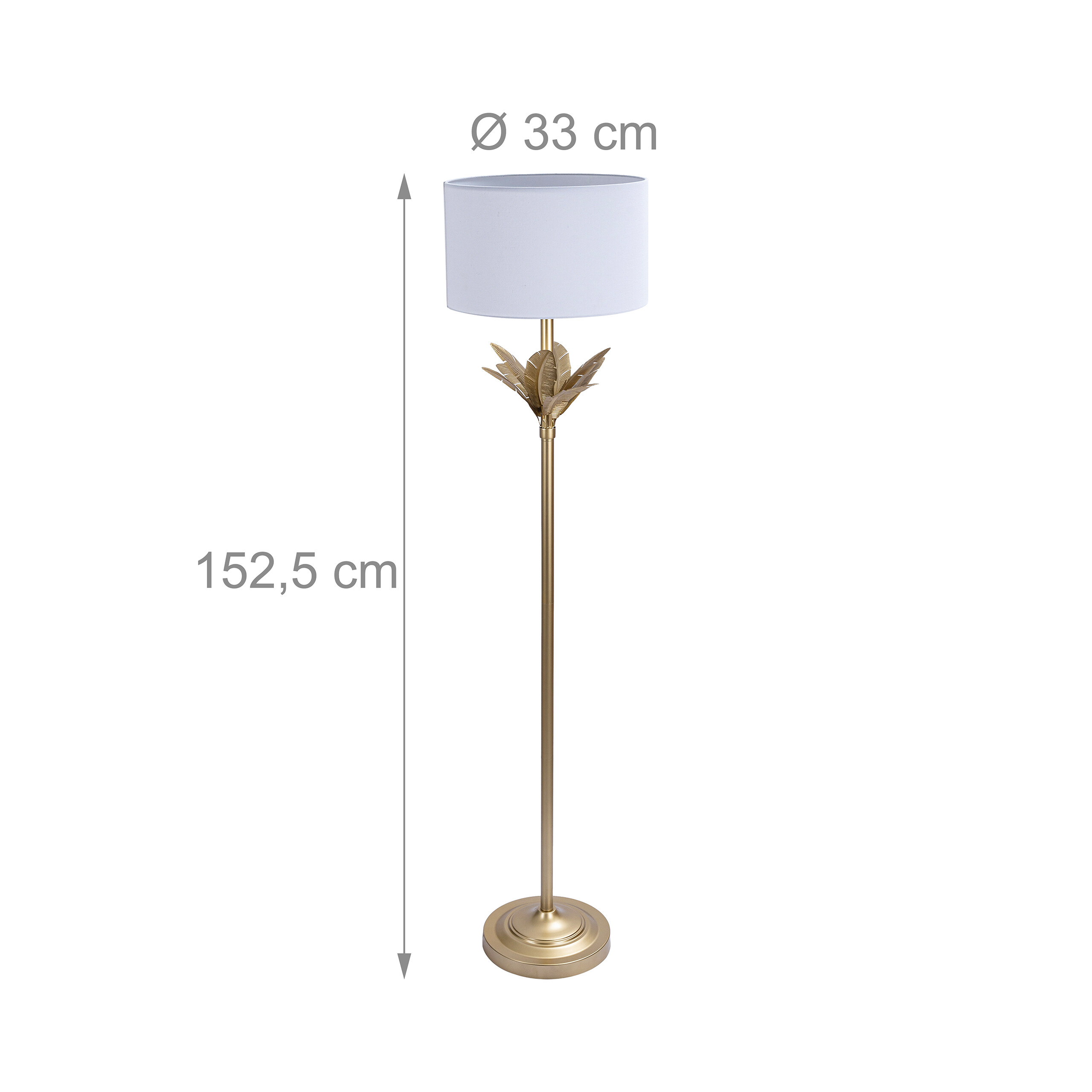 Goldene Stehlampe mit weißem Schirm, verziert mit Palmblättern, Höhe 152,5 cm, Schirmdurchmesser 33 cm.
