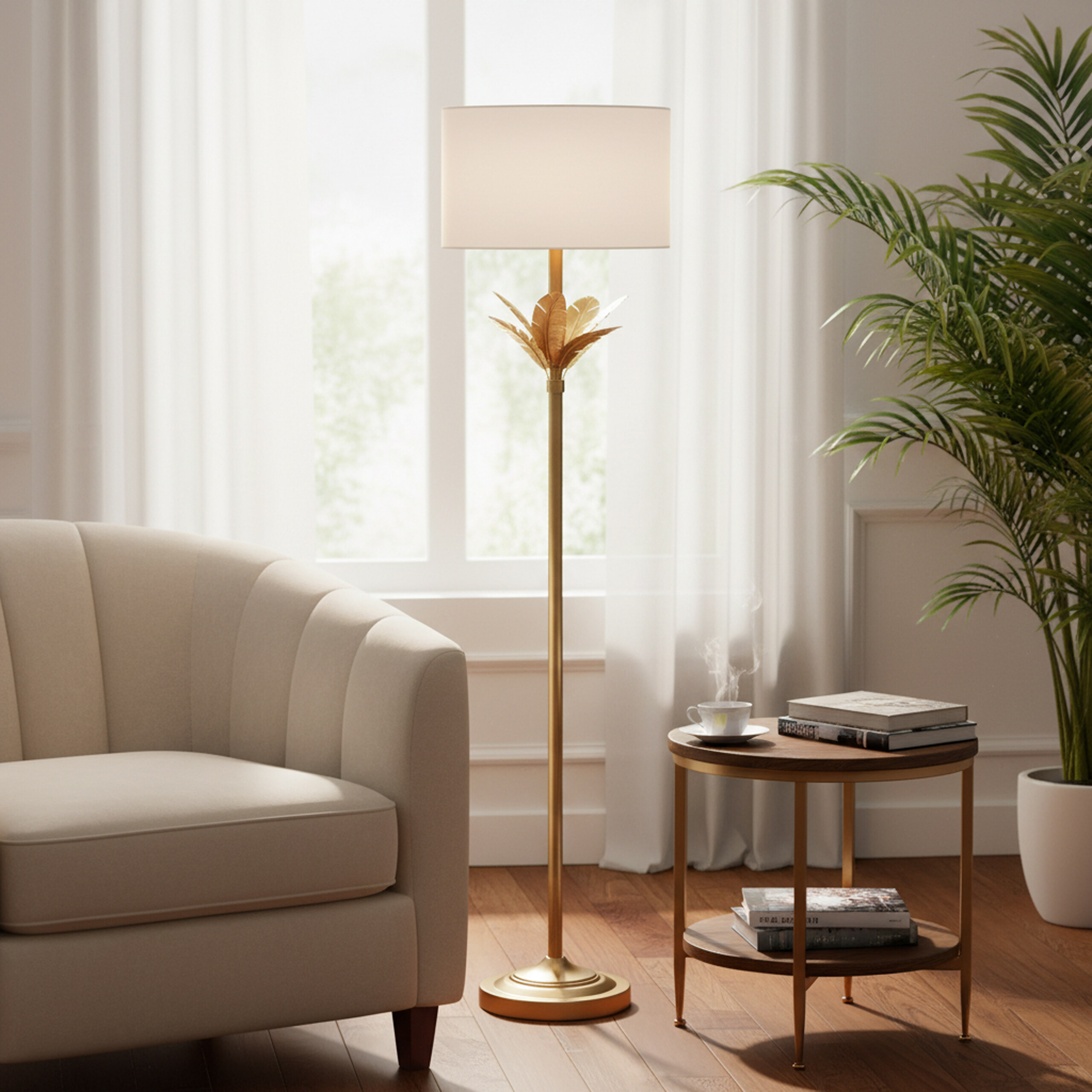 Gemütliches Wohnzimmer mit beigem Sessel, goldener Stehlampe, kleiner Tisch mit Büchern und Tasse sowie großer Pﬂanze.