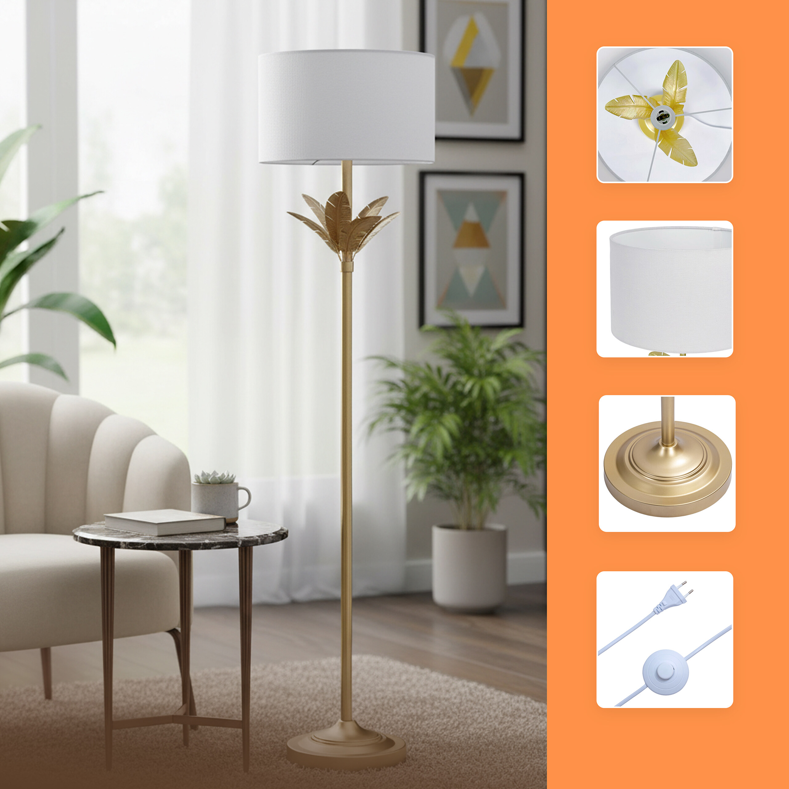 Goldene Stehlampe mit weißem Schirm und Blatt-Dekor im Zimmer; vier Detailbilder auf orangerem Hintergrund rechts.