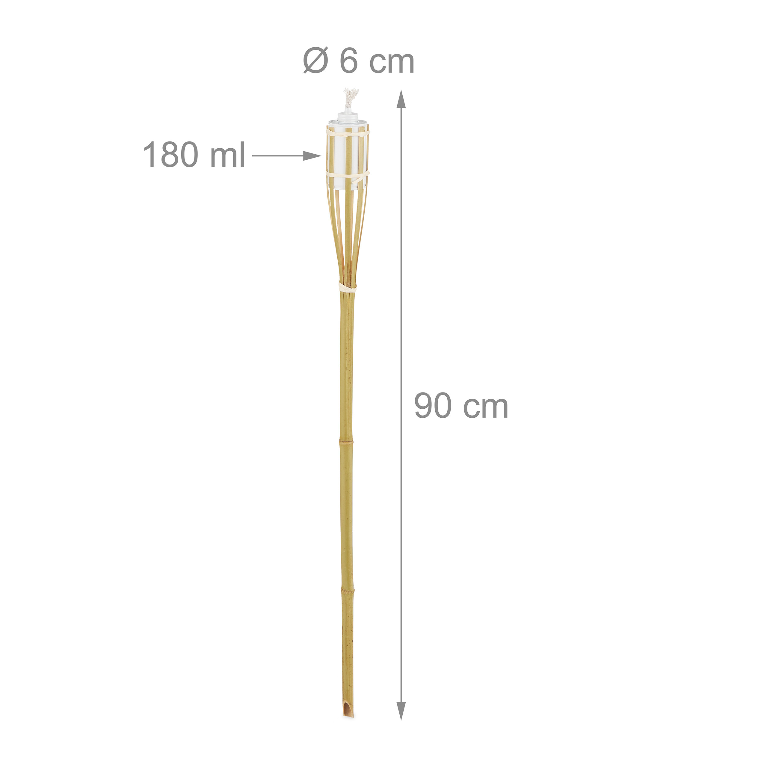 Bambusfackel mit Maßen: 90 cm Höhe, 6 cm Durchmesser und 180 ml Fassungsvermögen.
