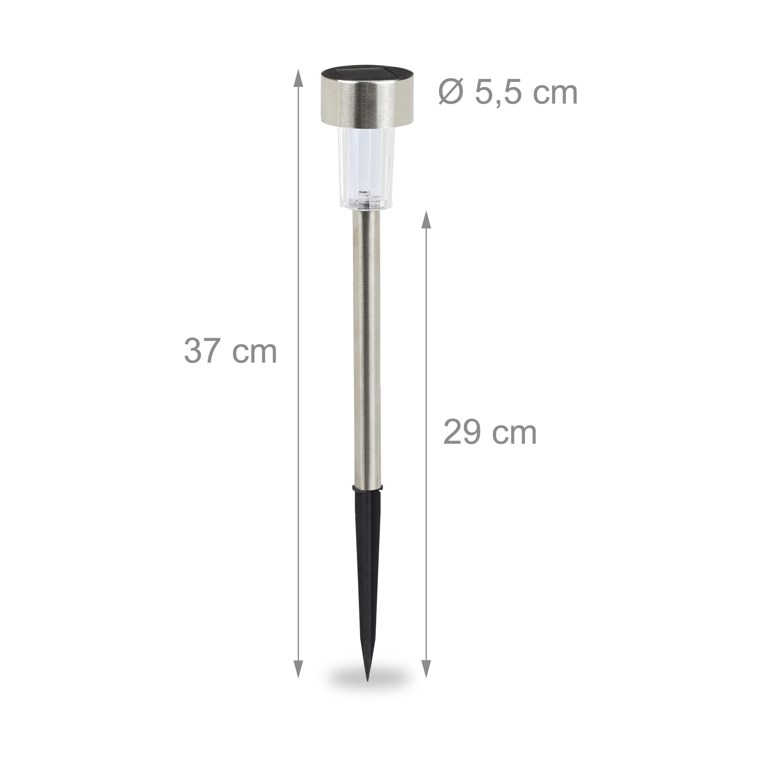 Edelstahl Solarleuchte mit Maßen: Höhe 37 cm, oberer Teil 29 cm, Durchmesser 5,5 cm und schwarzer Erdspieß.