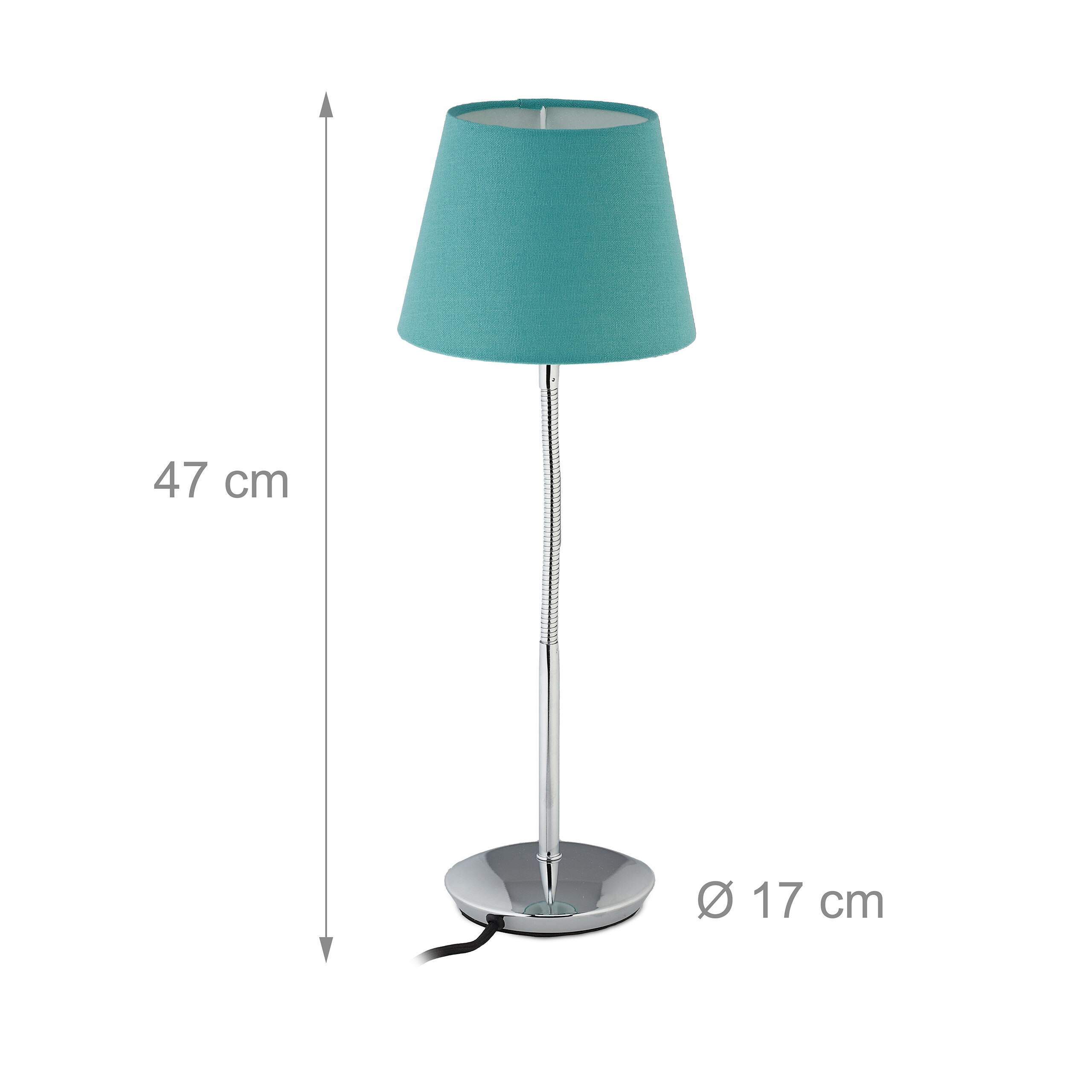 Türkise Schreibtischlampe mit flexiblem Arm und runder Basis, 47 cm hoch.