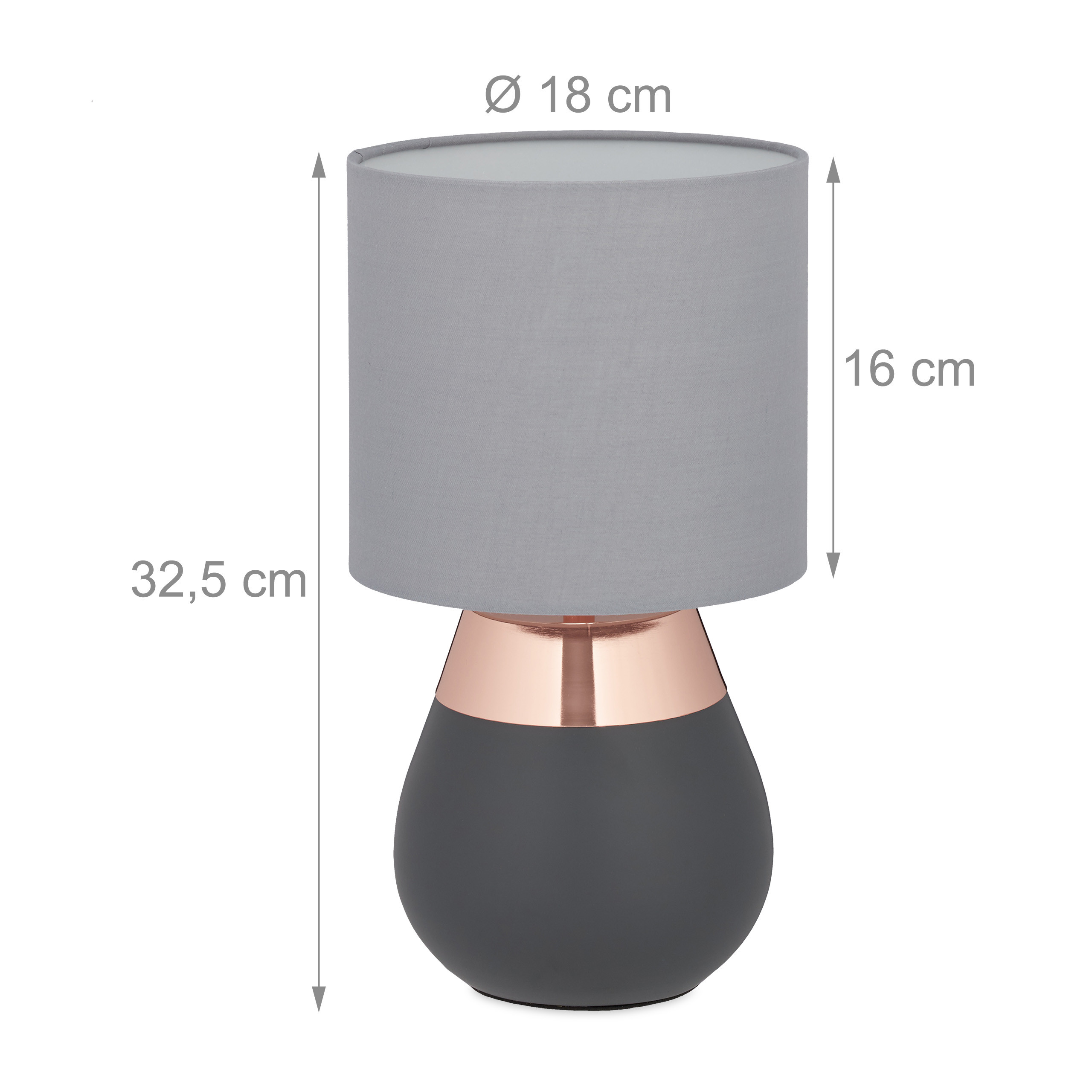 Graue Nachttischlampe mit kupfernem Akzent und Maßangaben.