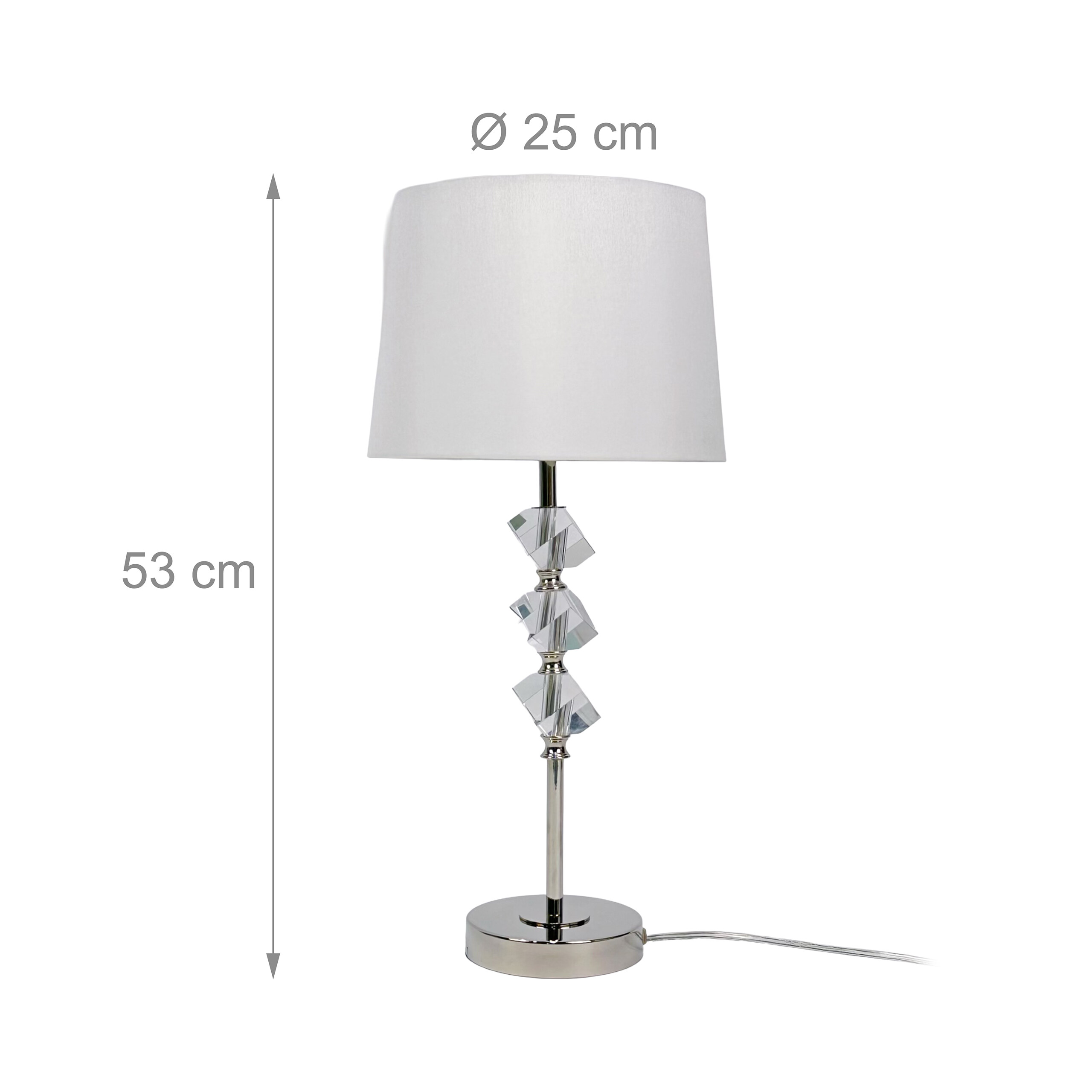 Eine Tischlampe mit weißem Schirm und drei Kristallwürfeln am verchromten Ständer, Höhe 53 cm, Durchmesser 25 cm.