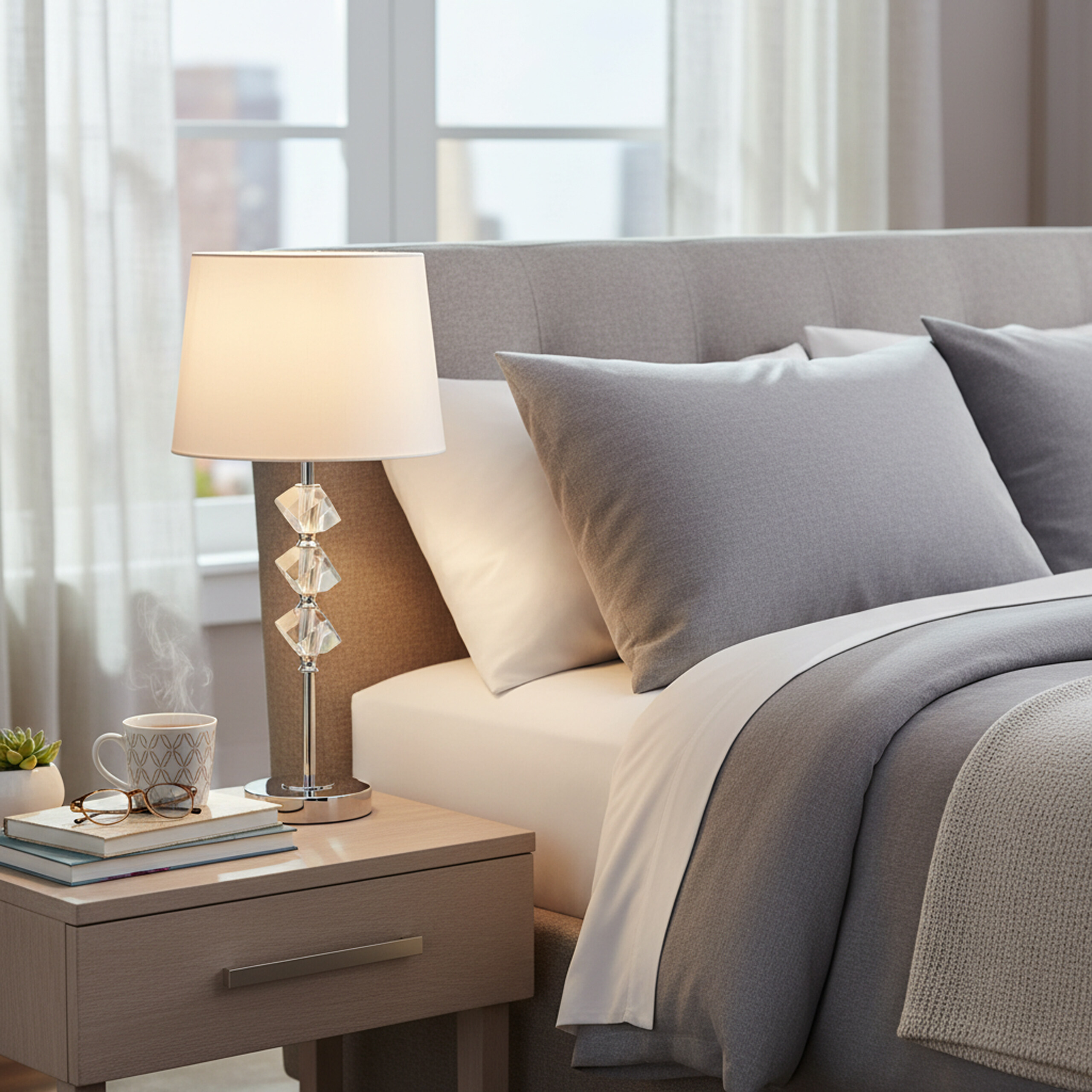 Ein beleuchteter Nachttisch mit Lampe, Büchern, Brille und Tasse vor einem gemütlichen Bett.