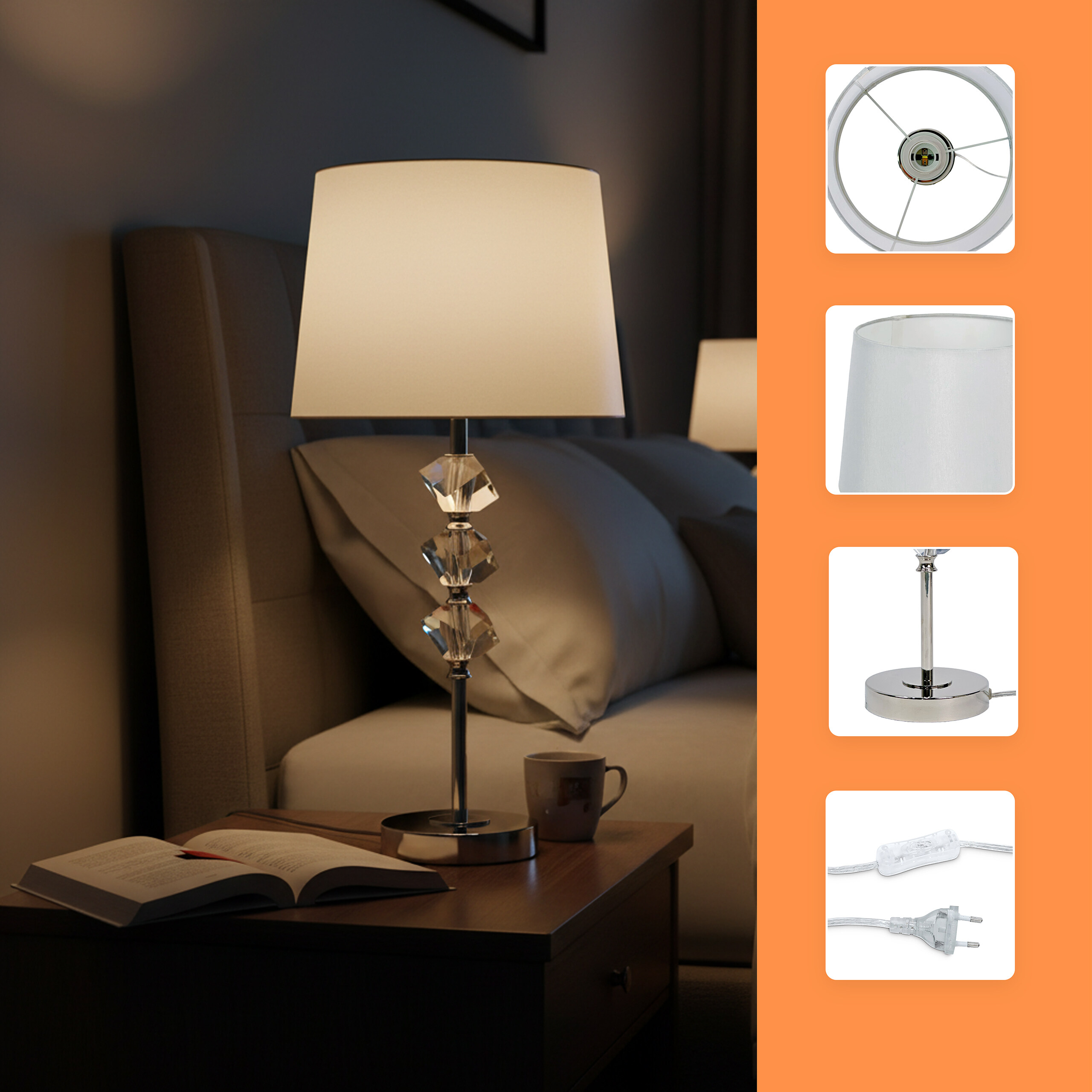 Nachttischlampe mit Kristallakzenten auf einem Holztisch, Details zeigen Schirm und Stecker.