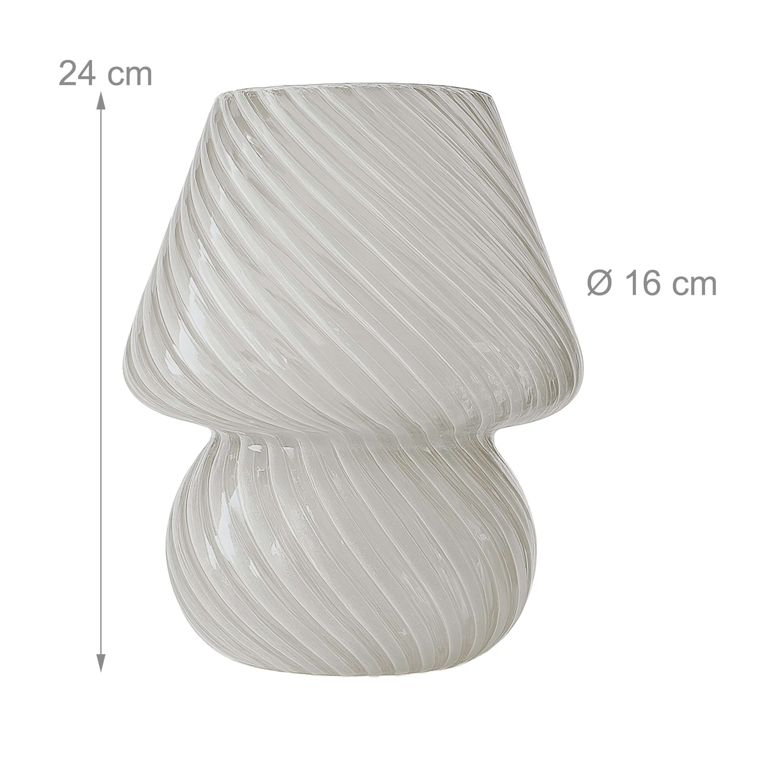 Eine graue Glas-Tischlampe in Pilzform, 24 cm hoch und 16 cm breit.