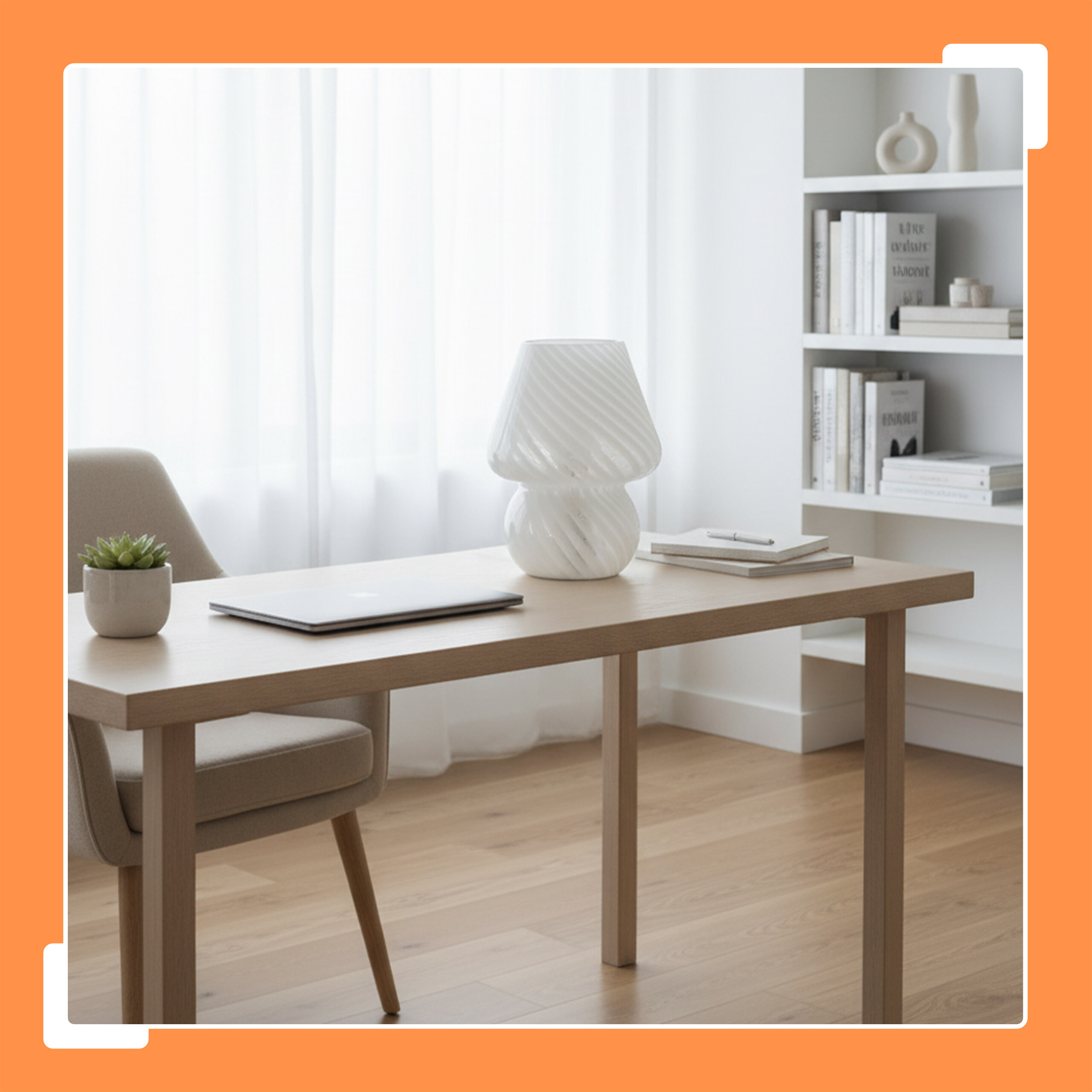 Ein heller Holztisch mit Laptop, Lampe und Topfpflanze in einem hellen Raum mit Bücherregal und transparenten Vorhängen.