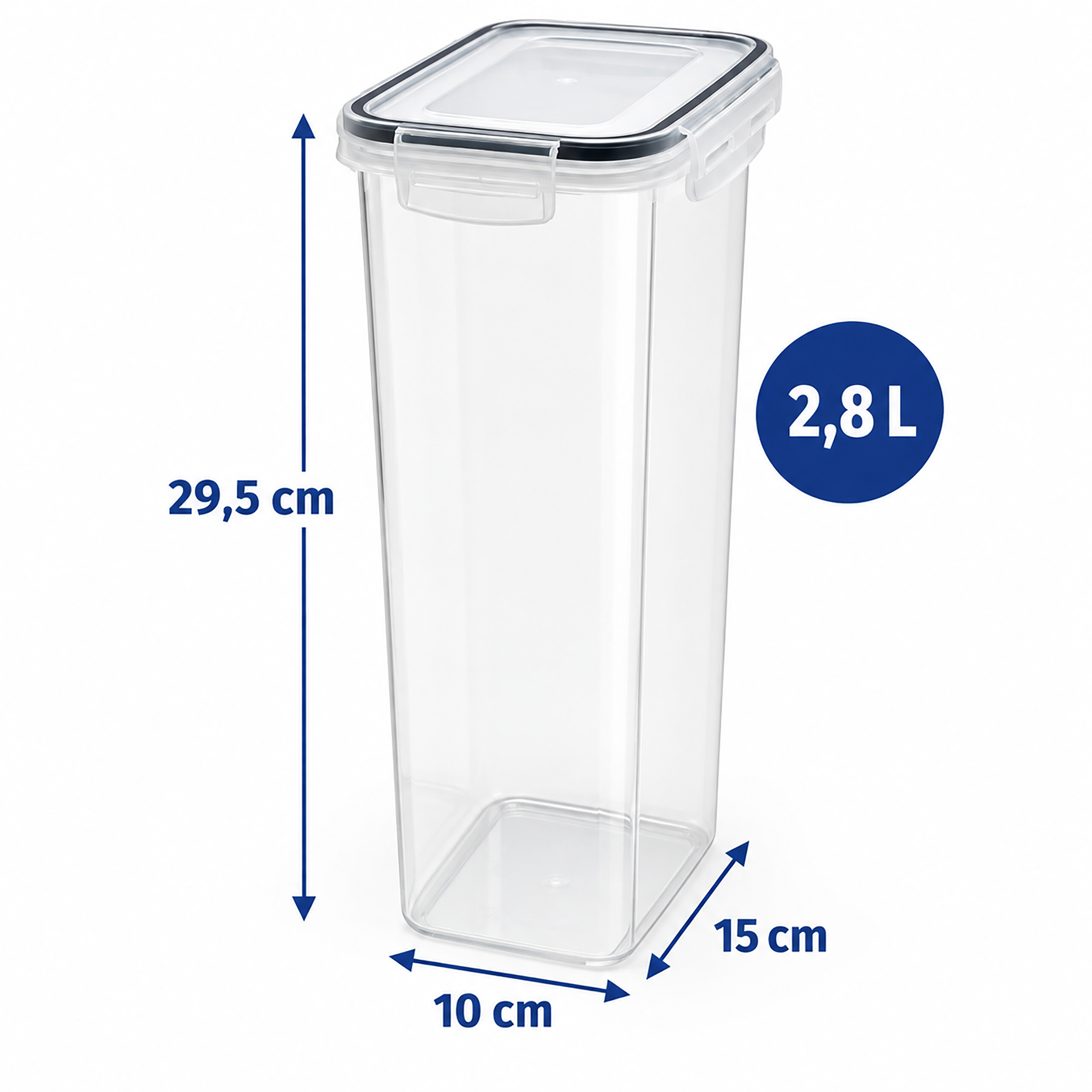 Transparenter Vorratsbehälter mit Maßen 29,5x10x15 cm und 2,8 Liter Volumen auf weißem Grund.