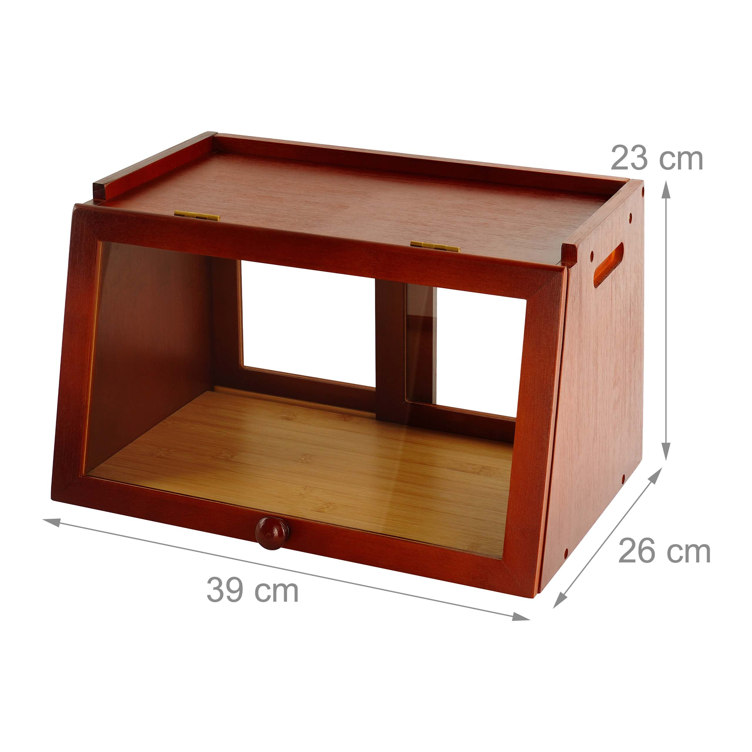 Ein hölzerner Brotkasten mit Glasfront und Maßangaben: 39 cm breit, 26 cm tief und 23 cm hoch.