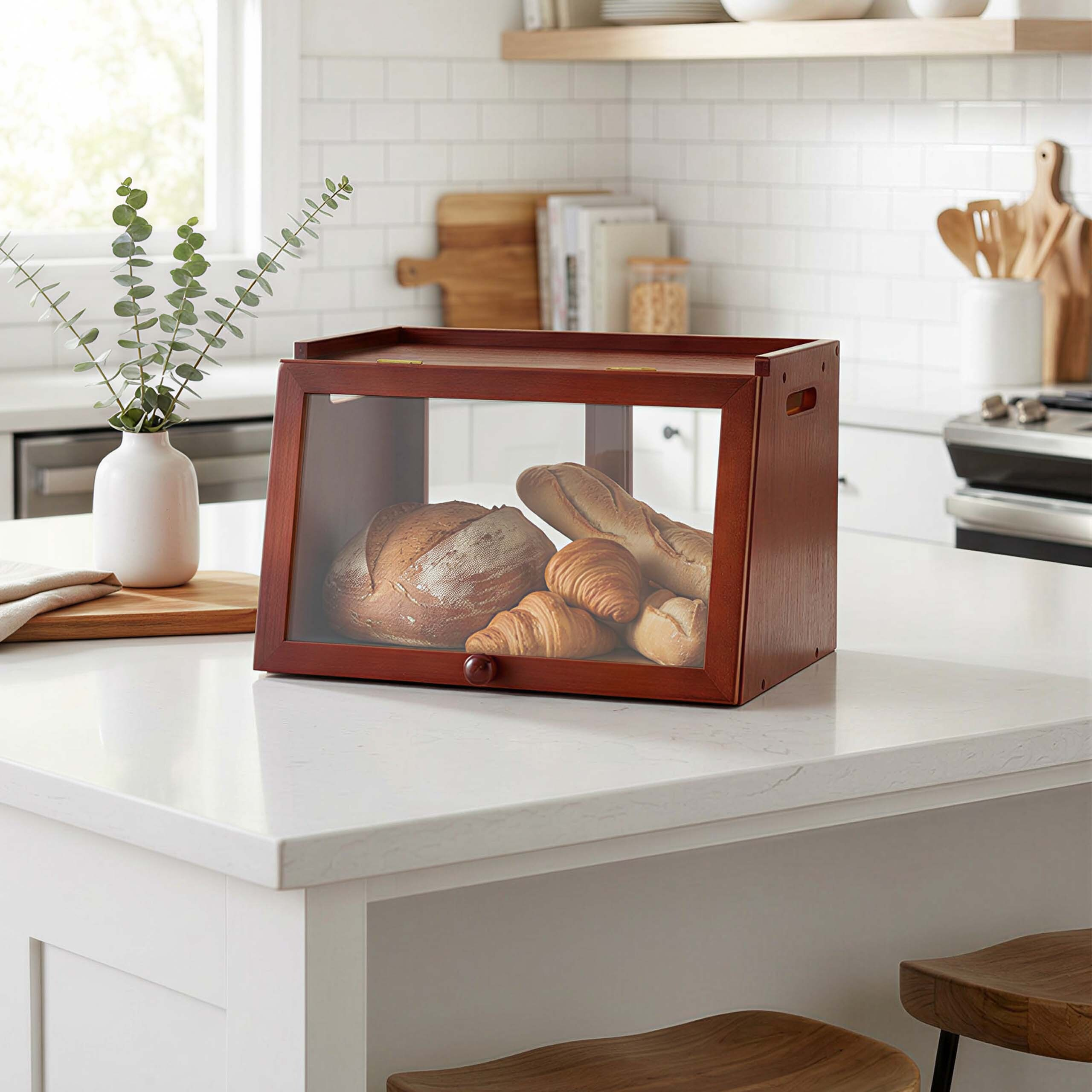 Ein hölzerner Brotkasten mit Glastür enthält Brot und Gebäck auf einer weißen Küchentheke.