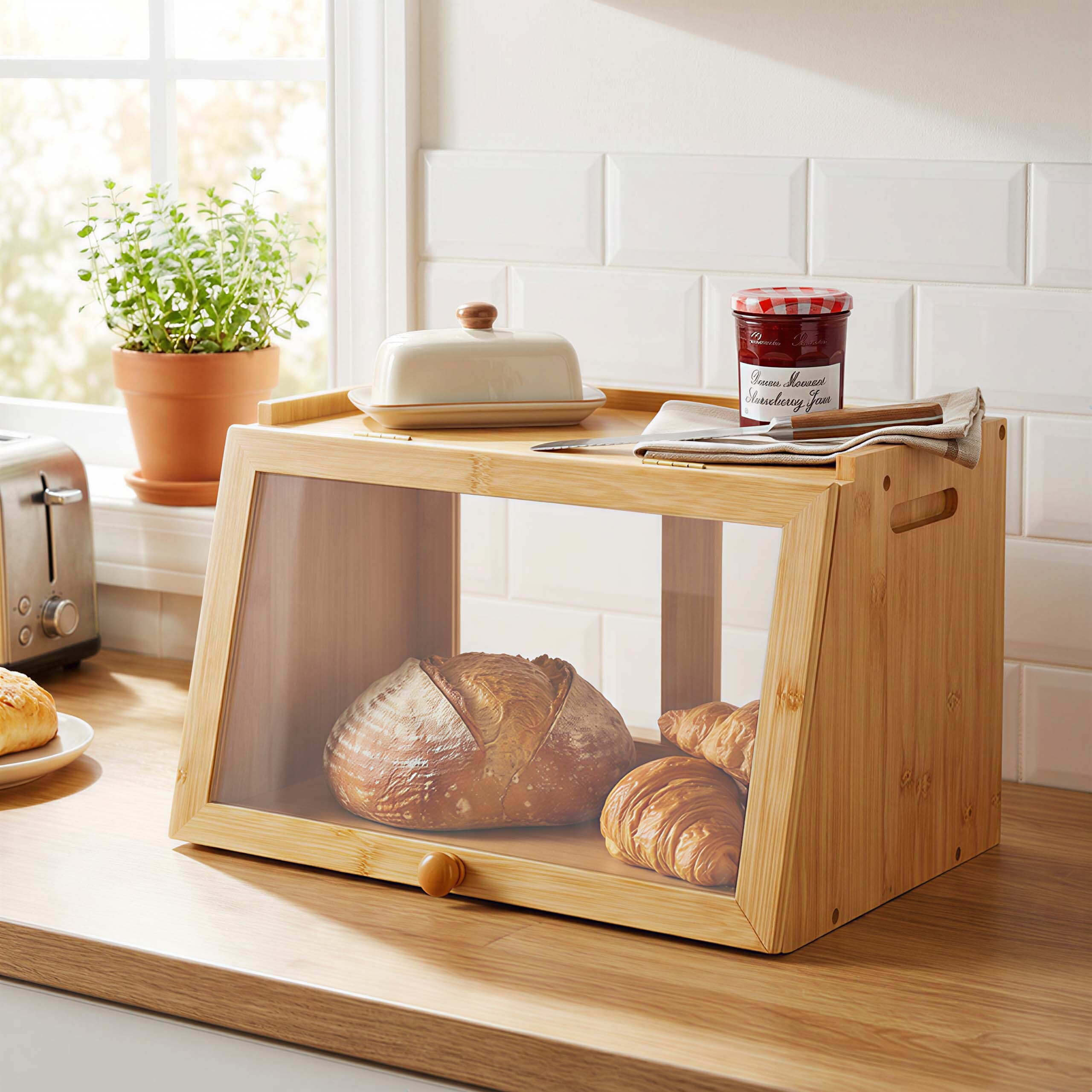 Holz-Brotdose auf der Küchenarbeitsplatte, mit Brot, Croissants, einer Butterdose und einem Glas Marmelade.