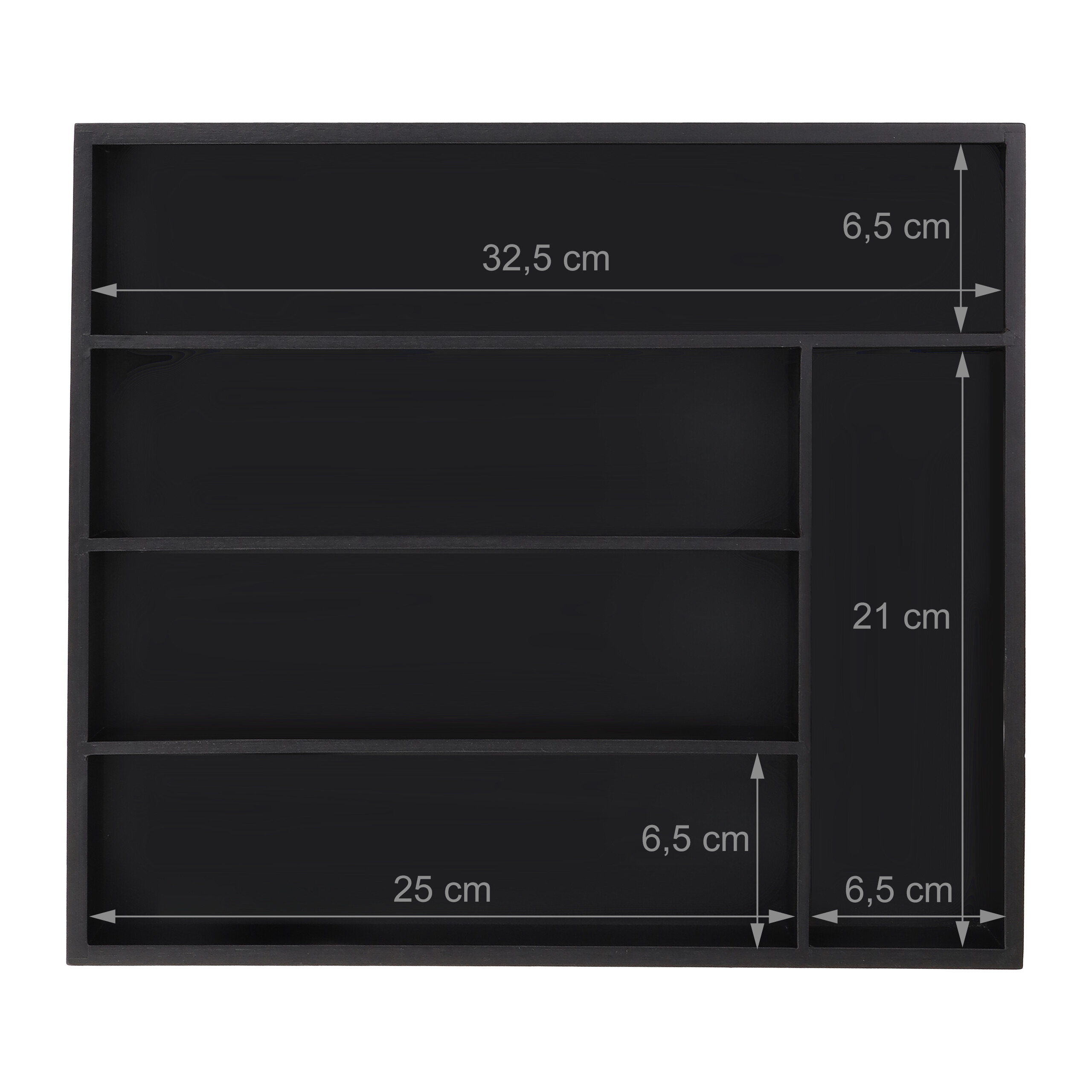 Schwarzer Besteckkasten mit fünf Fächern und Maßangaben.