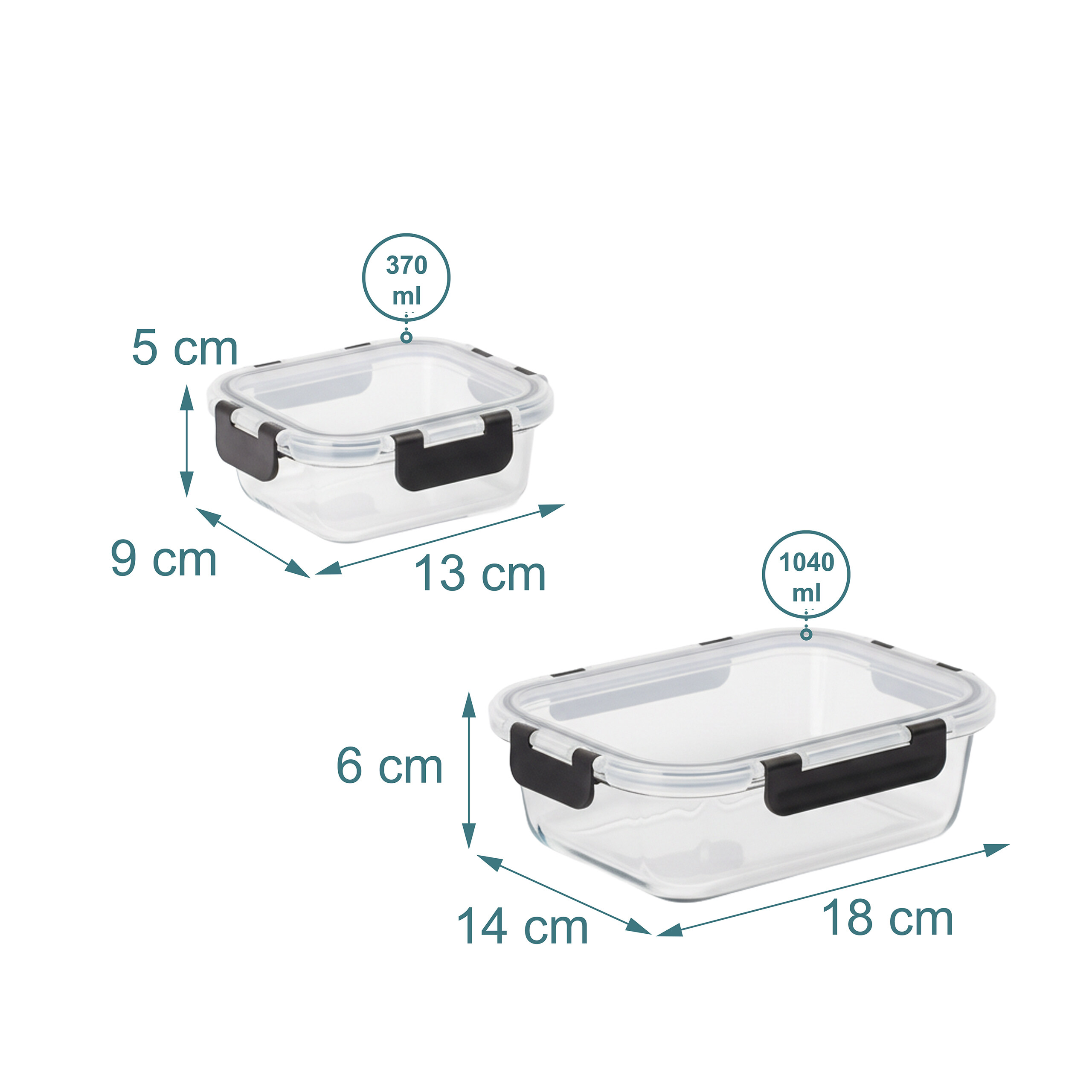 Zwei transparente Glasbehälter mit schwarzen Deckeln, inklusive Maßen und Füllmengen von 370 ml und 1040 ml.