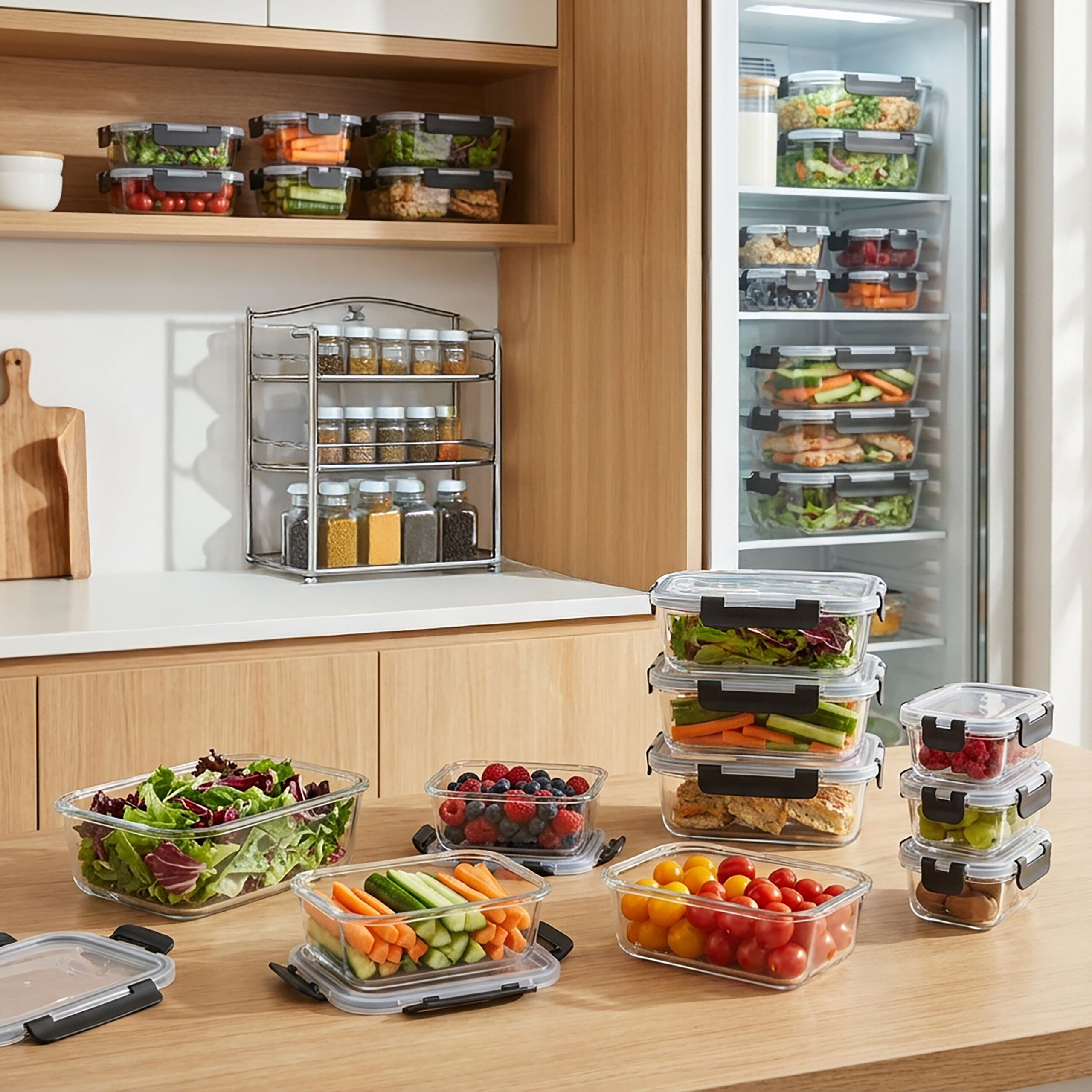 Organisierte Küche mit Glasbehältern voller frischem Obst, Gemüse und Salaten auf Tisch und Regalen.
