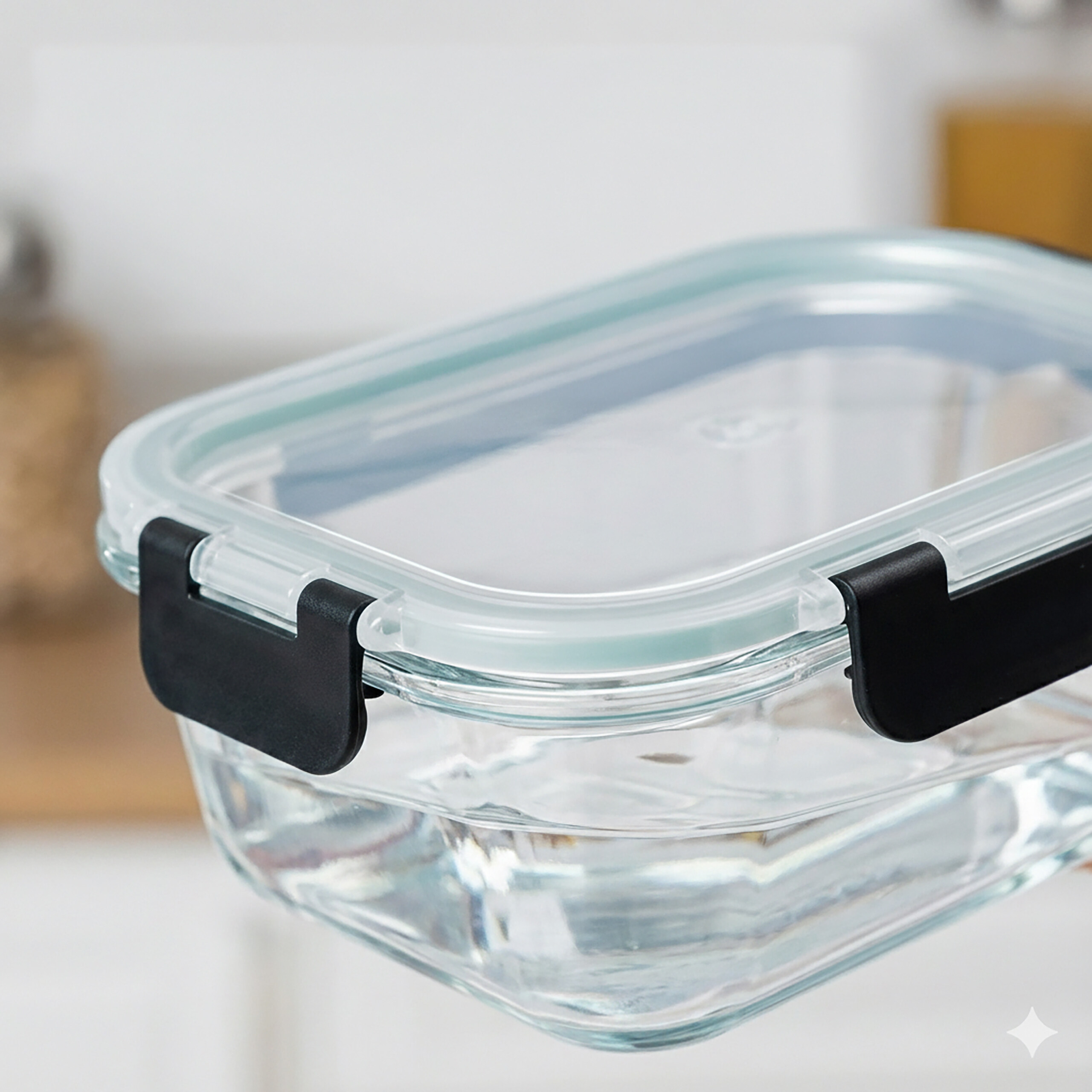 Ein leerer Glasbehälter mit luftdichtem Deckel und zwei schwarzen Verschlüssen auf einer Küchenarbeitsplatte.