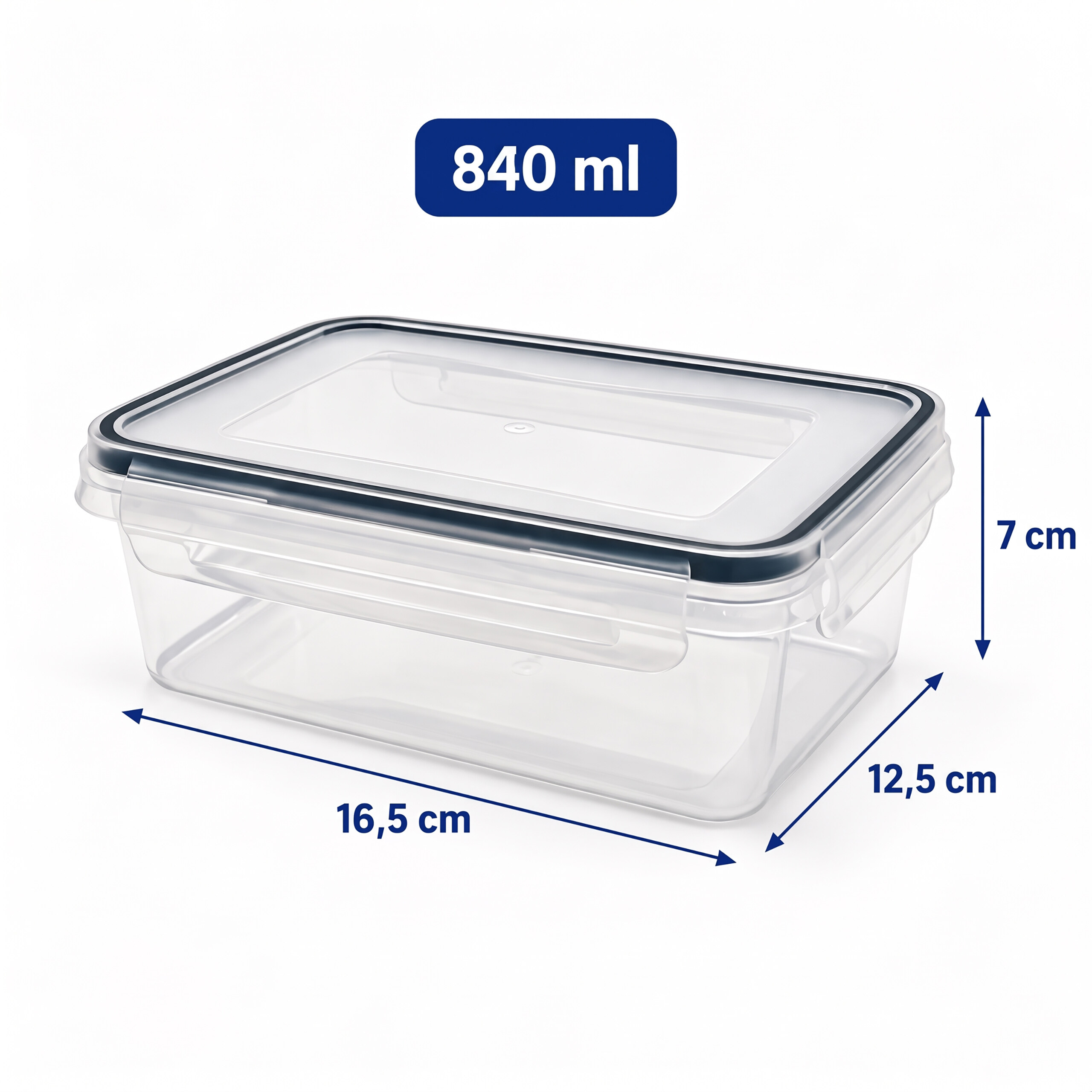Transparente Frischhaltebox mit blauem Deckel und Maßen: 840 ml, 16,5 x 12,5 x 7 cm.