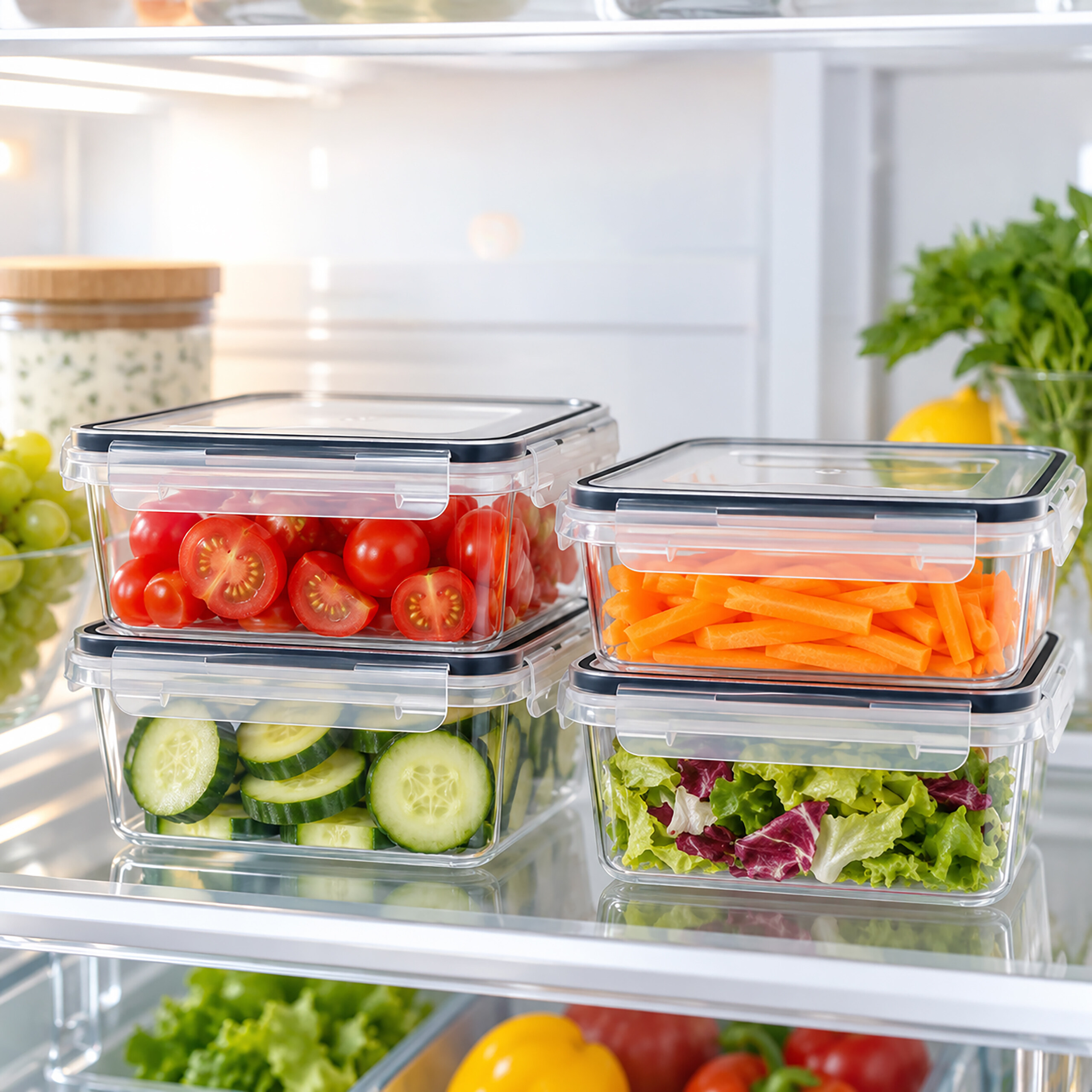Beleuchteter Kühlschrank mit durchsichtigen Behältern voller Tomaten, Gurken, Karotten und Salat.