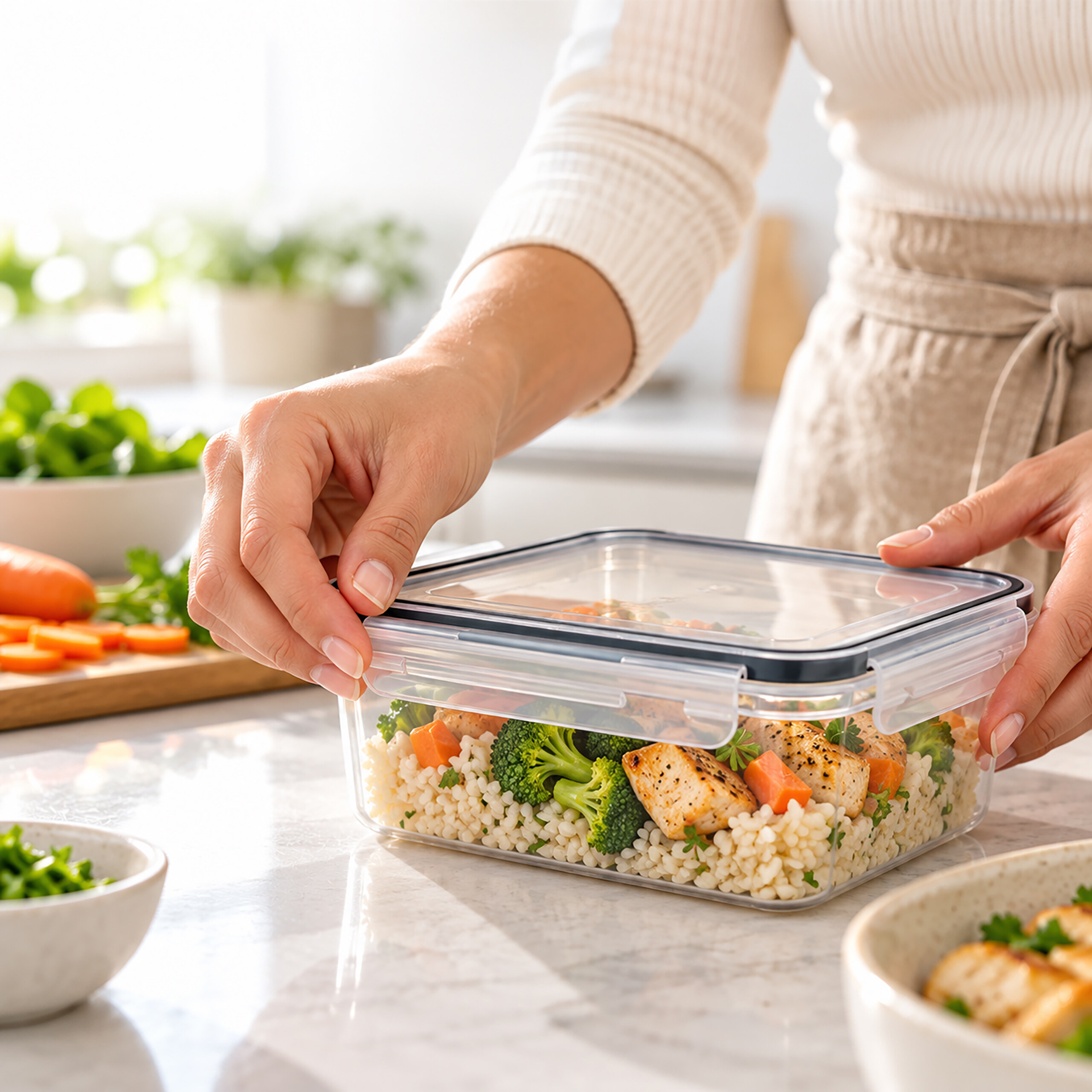 Person schließt einen Behälter mit Couscous, Hähnchen und Brokkoli in einer hellen Küche.