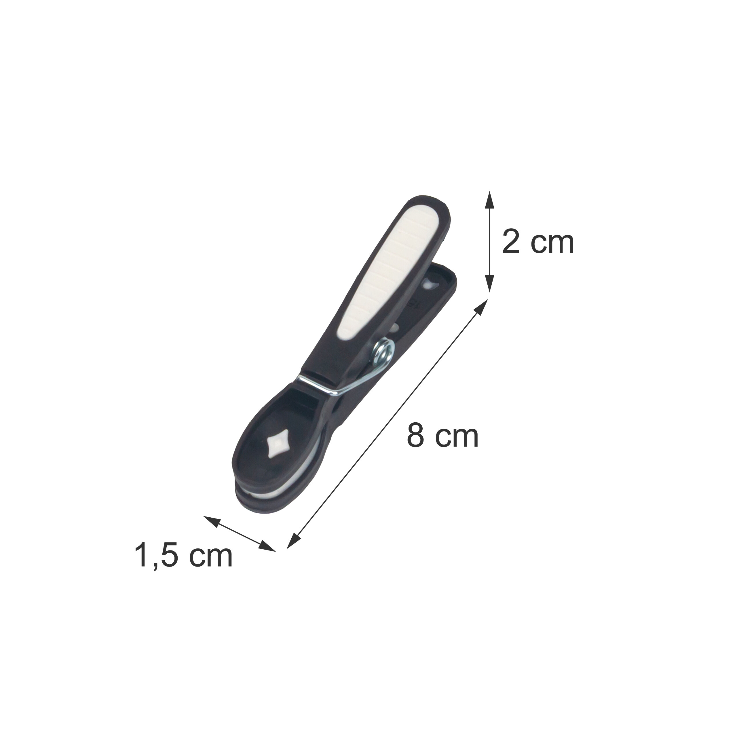 Schwarze Kunststoff-Wäscheklammer mit Maßangaben von 8 cm Länge, 1,5 cm Breite und 2 cm Höhe.