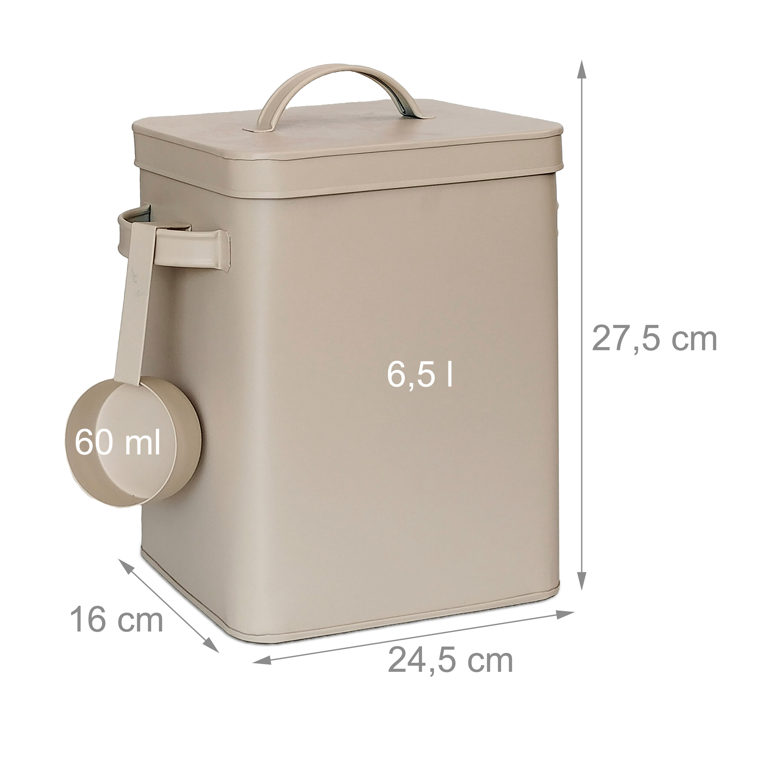 Beige Vorratsdose mit 6,5 l Volumen, Deckel, Hänge-Schaufel und Maßangaben in cm.