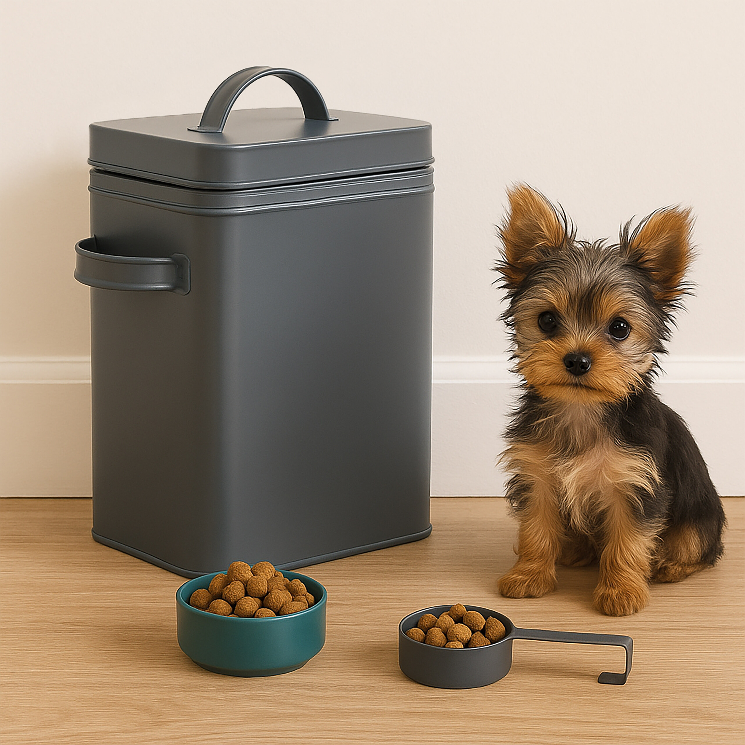 Ein Yorkshire Terrier sitzt neben einem grauen Futterbehälter auf Holzboden, mit Futter in Schüsseln davor.