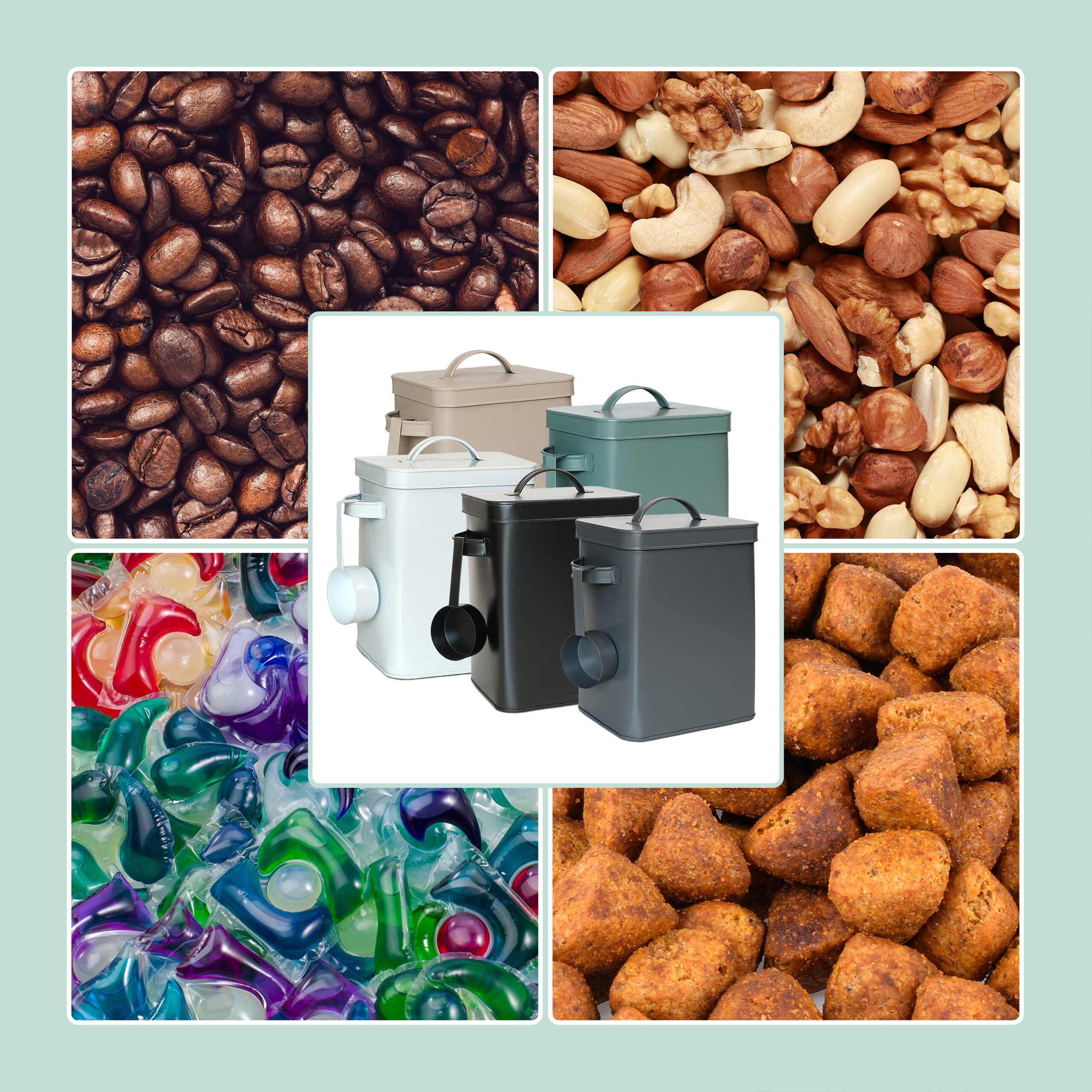 Fünf farbige Vorratsdosen umgeben von Kaffeebohnen, Nüssen, Waschmittelpods und Tierfutter.