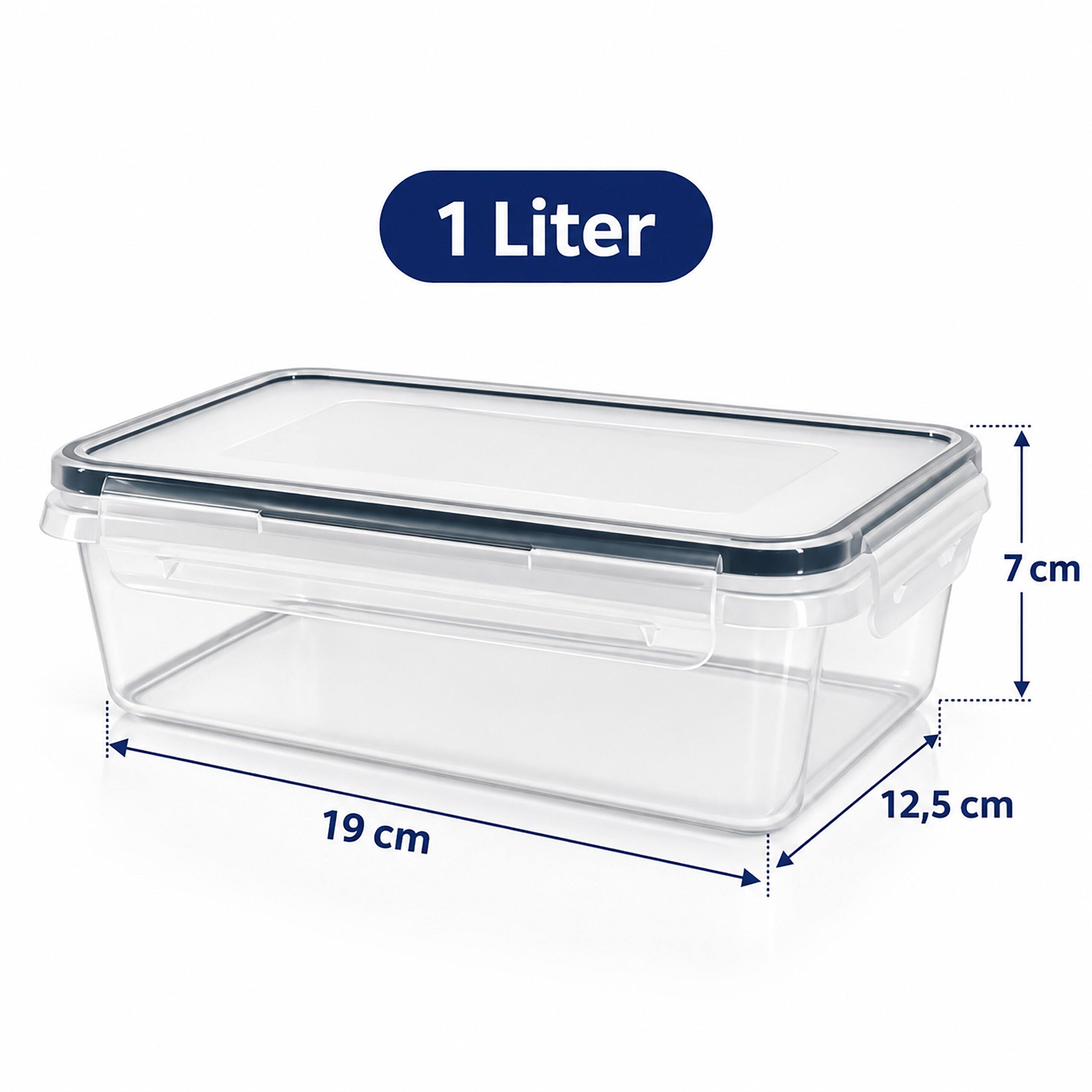 Ein transparenter Frischhaltebehälter, 19 cm lang, 12,5 cm breit, 7 cm hoch, mit 1 Liter Fassungsvermögen.