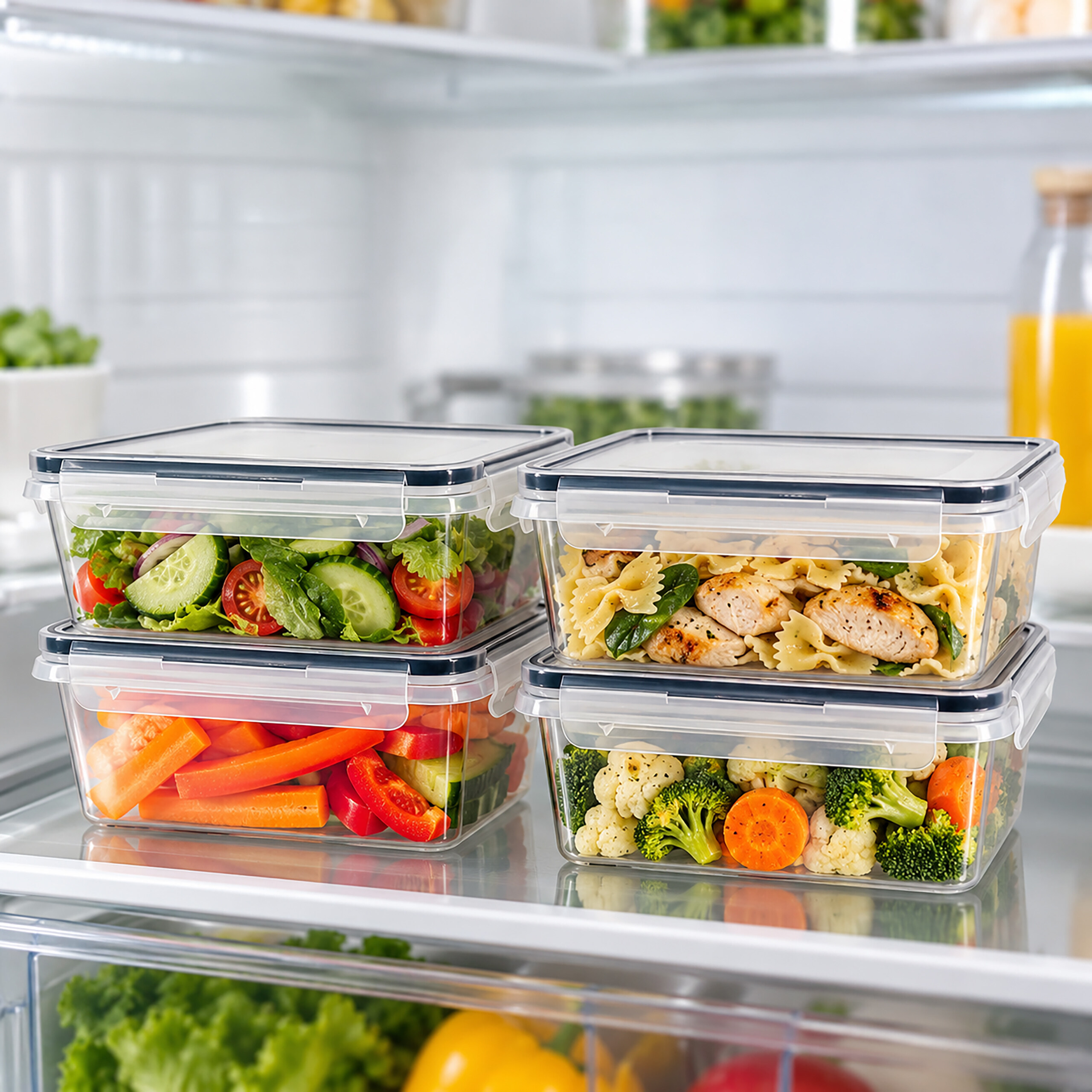 Vier klare Aufbewahrungsboxen mit frischem Salat, Pasta und Gemüsestücken stehen ordentlich im offenen Kühlschrank.