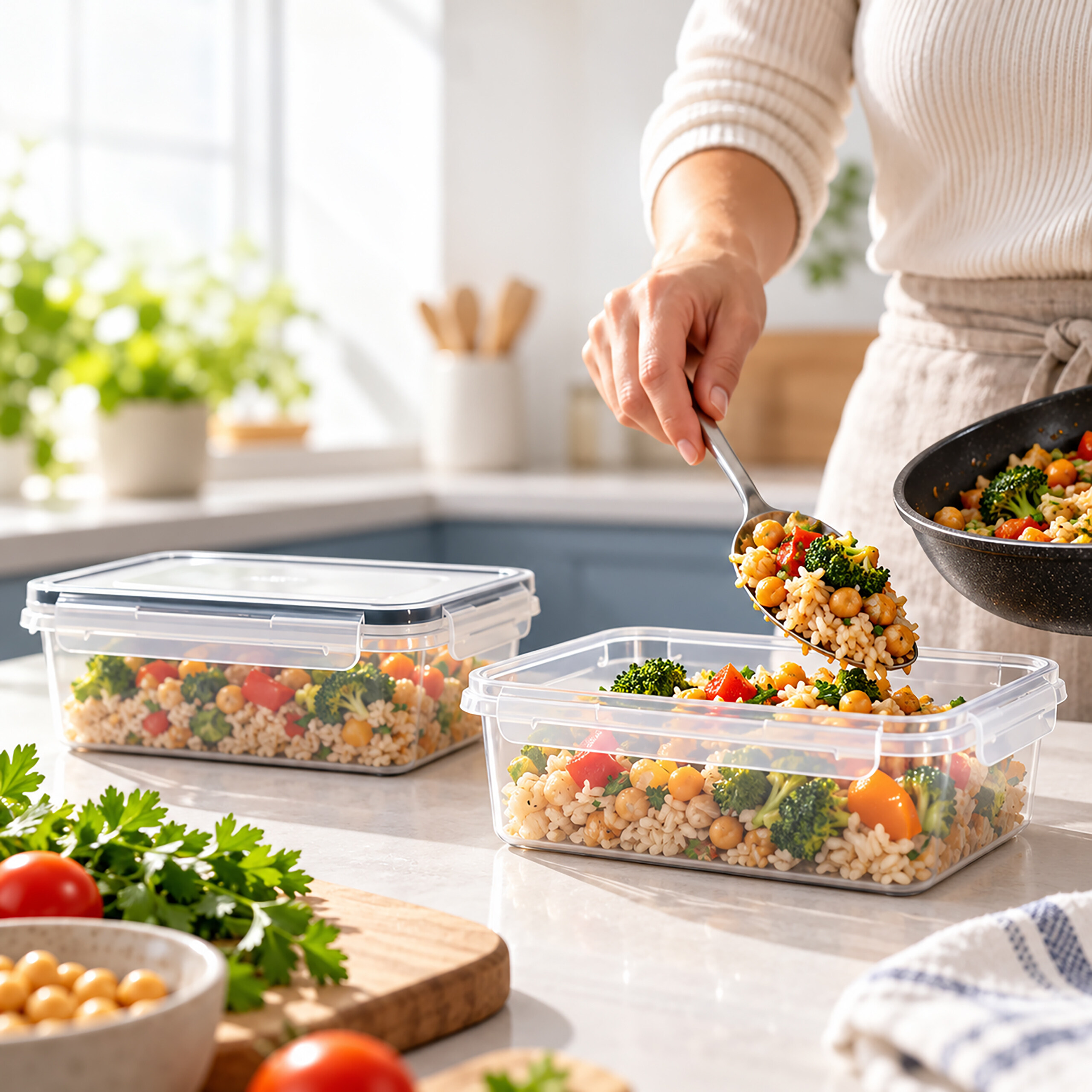 Person füllt frisch zubereiteten Reis mit Gemüse und Kichererbsen in eine Plastikbox.