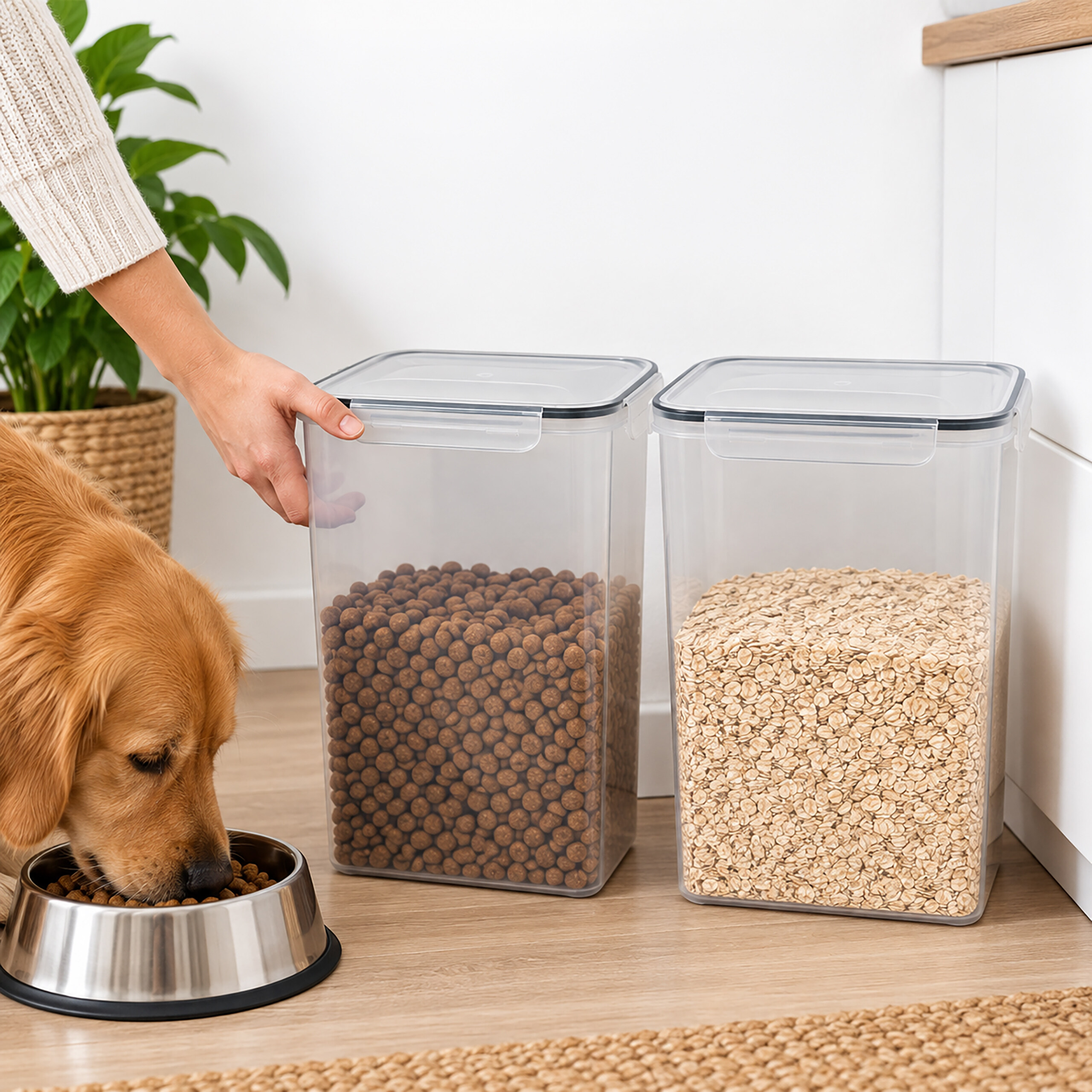 Golden Retriever frisst aus einem Napf neben zwei Behältern mit Tiernahrung und Haferflocken auf dem Holzfußboden.