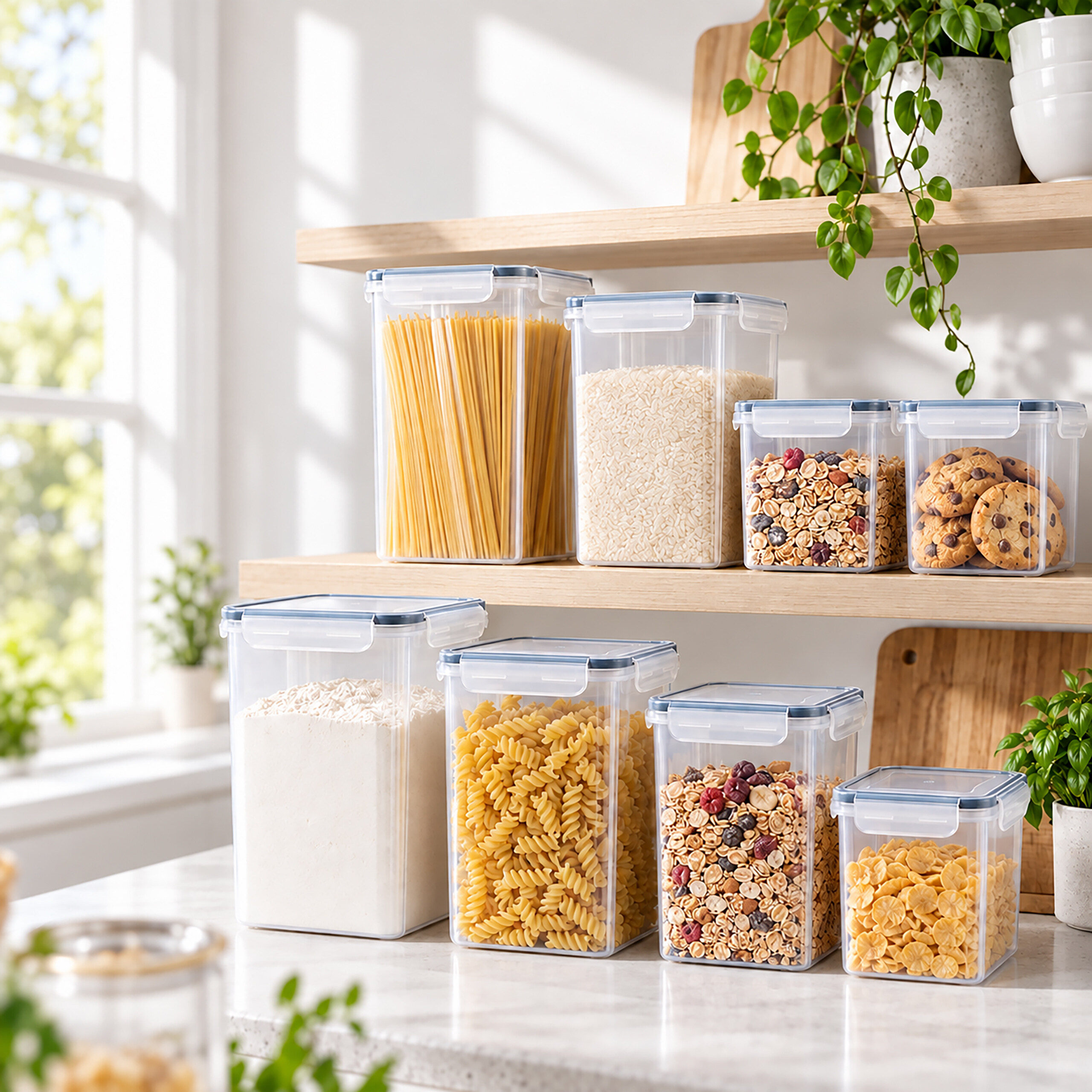 Transparente Vorratsdosen mit Lebensmitteln wie Nudeln und Müsli auf Holzböden in einer hellen Küche.