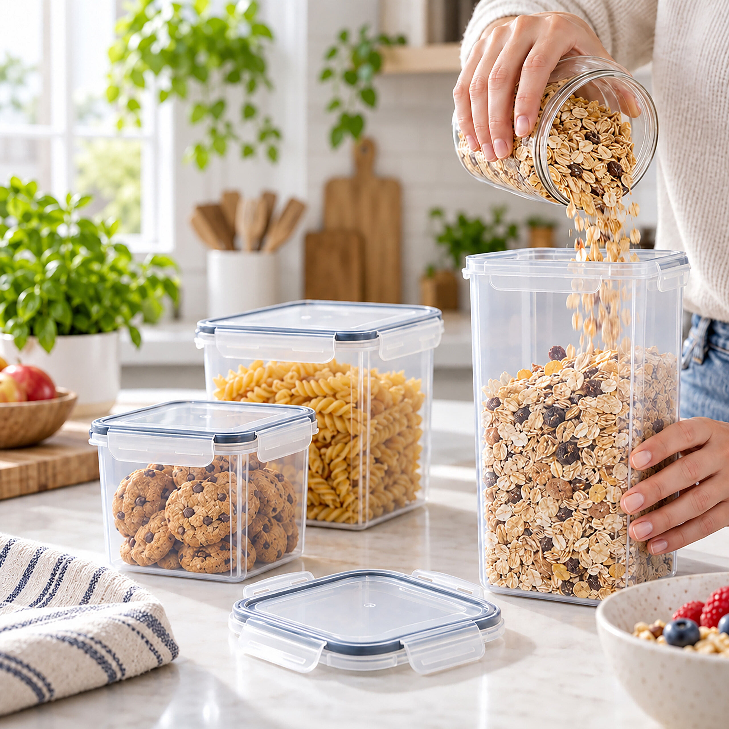 Eine Person gießt Müsli in einen klaren Vorratsbehälter in einer Küche.