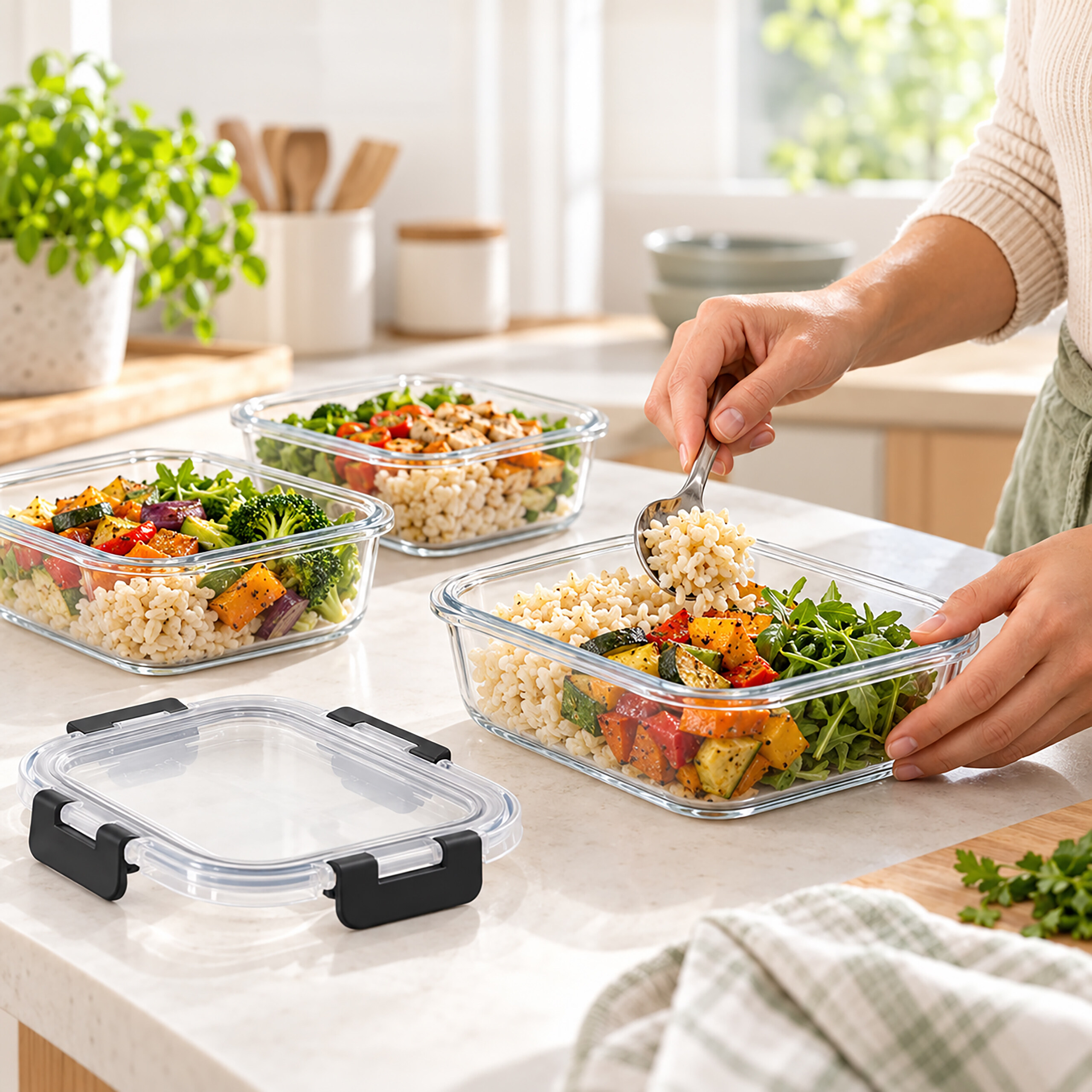 Eine Person füllt gesundes Essen mit Getreide und Gemüse in eine Glasbox.