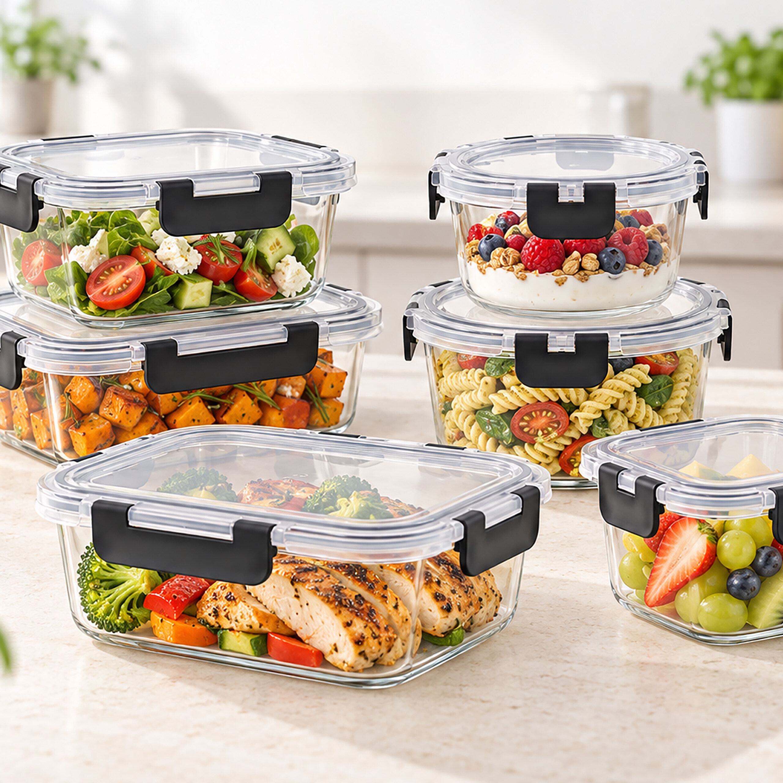 Verschiedene Glas-Frischhaltedosen mit gesunden Lebensmitteln wie Salat, Hähnchen und Beeren auf einem Tisch.