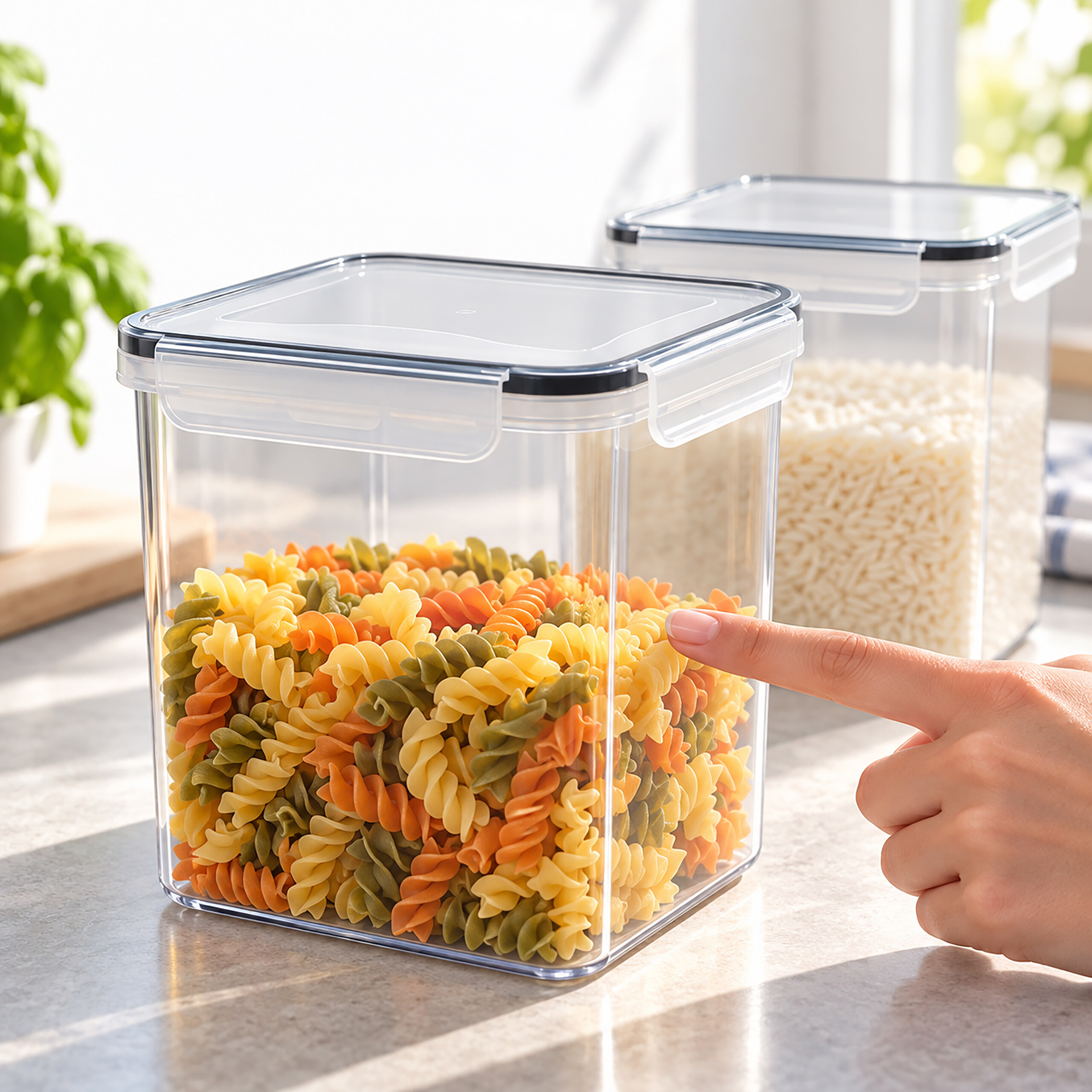Hand berührt durchsichtigen Behälter mit bunten Fusilli, dahinter Reisbehälter.