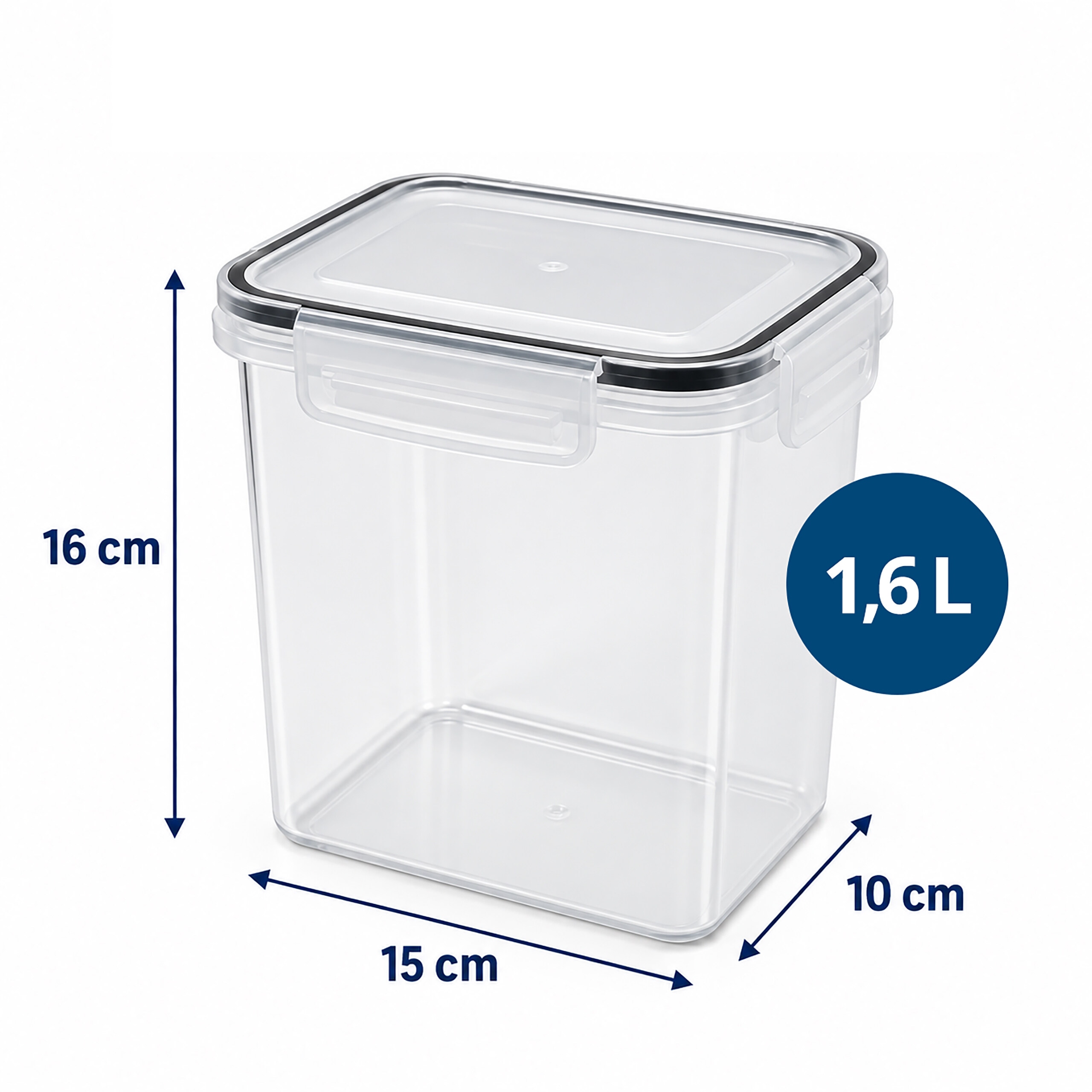 Klarer rechteckiger Vorratsbehälter mit Deckel, Maßen 15x10x16 cm und 1,6 L Fassungsvermögen auf weißem Hintergrund.