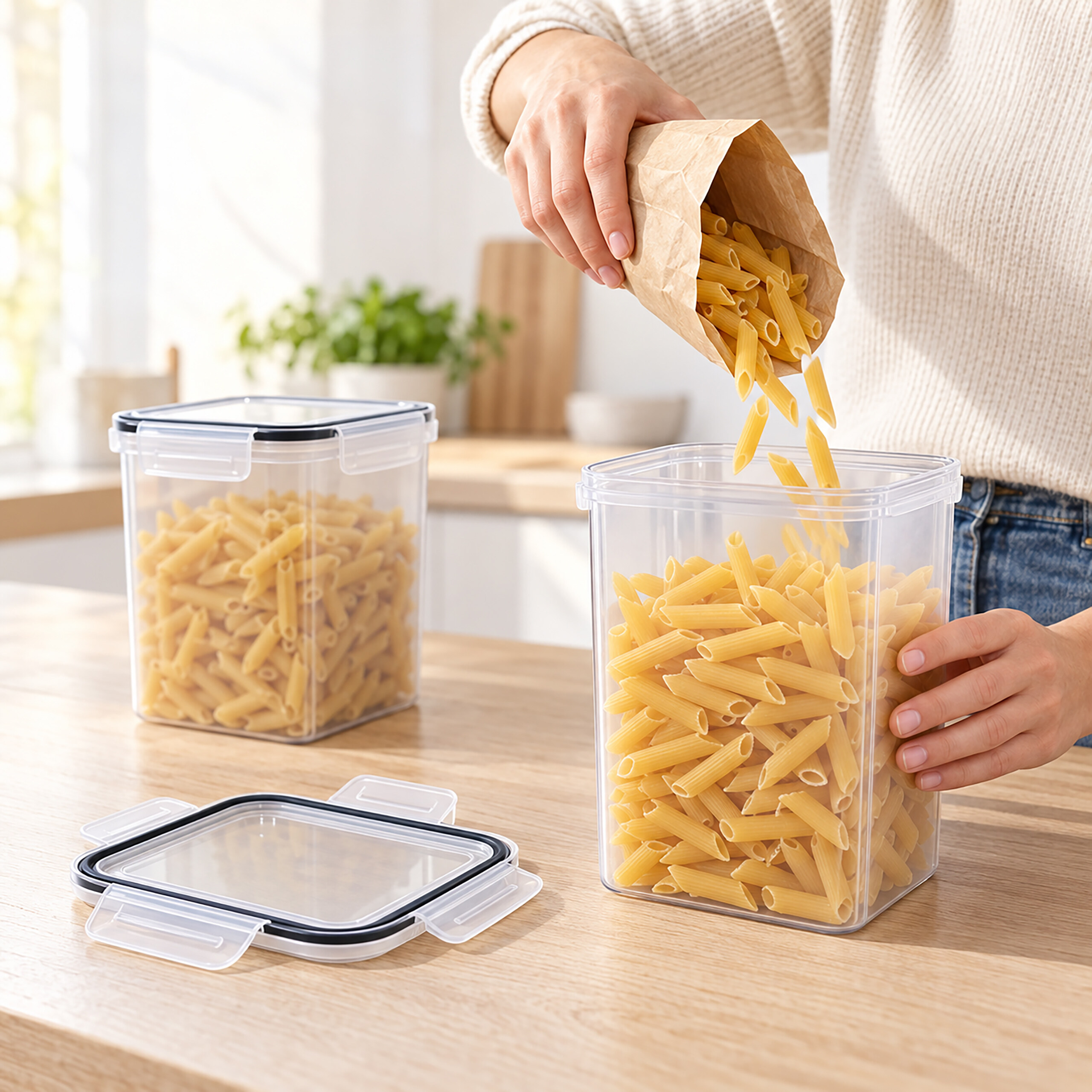 Eine Person gießt Penne-Nudeln aus einer Papiertüte in einen klaren Plastikbehälter auf einer Holzarbeitsplatte.