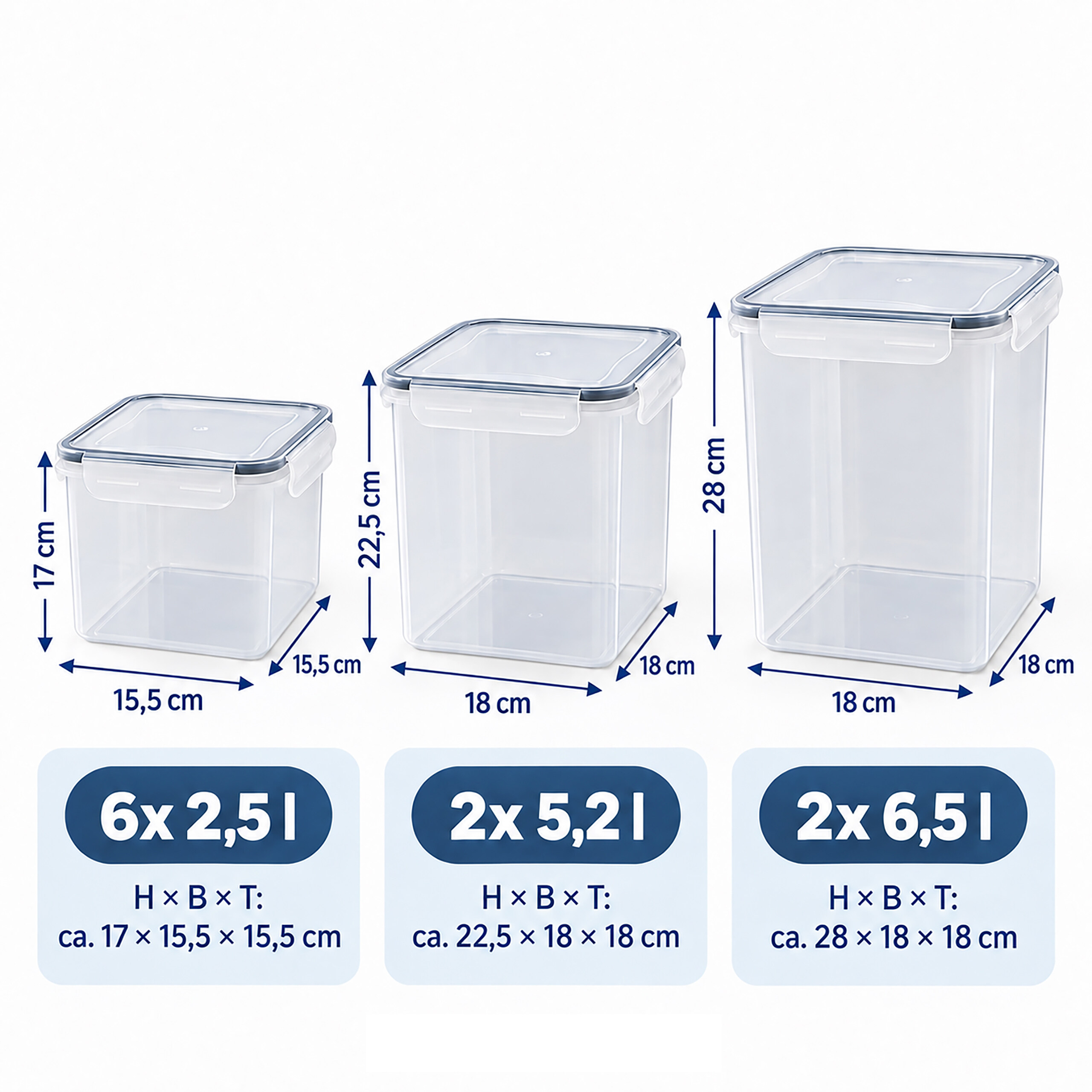Drei transparente Vorratsdosen mit blauen Verschlussdeckeln und Maßangaben auf weißem Hintergrund.