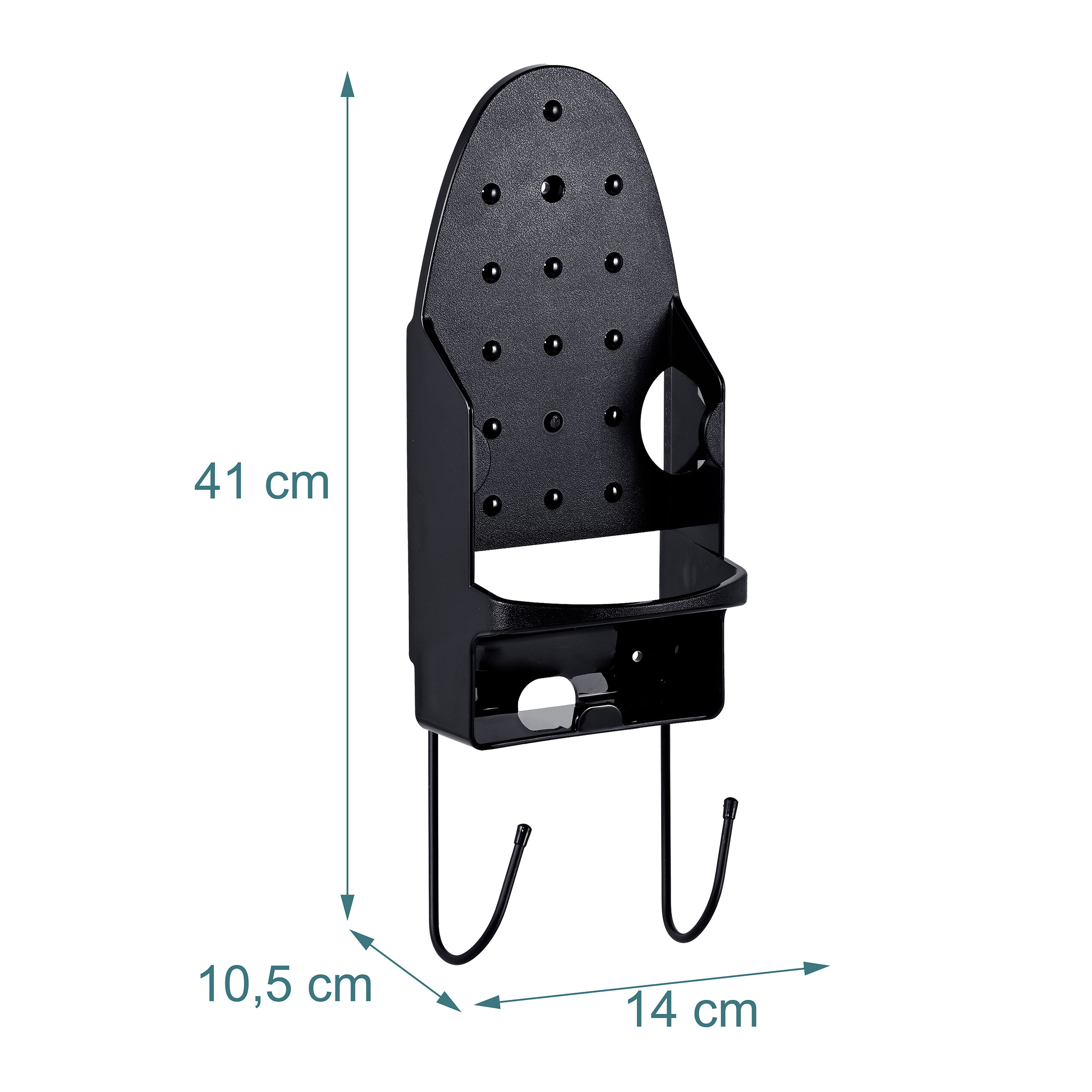 Schwarzer Wandhalter für Bügeleisen mit integrierten Haken und Maßangaben.