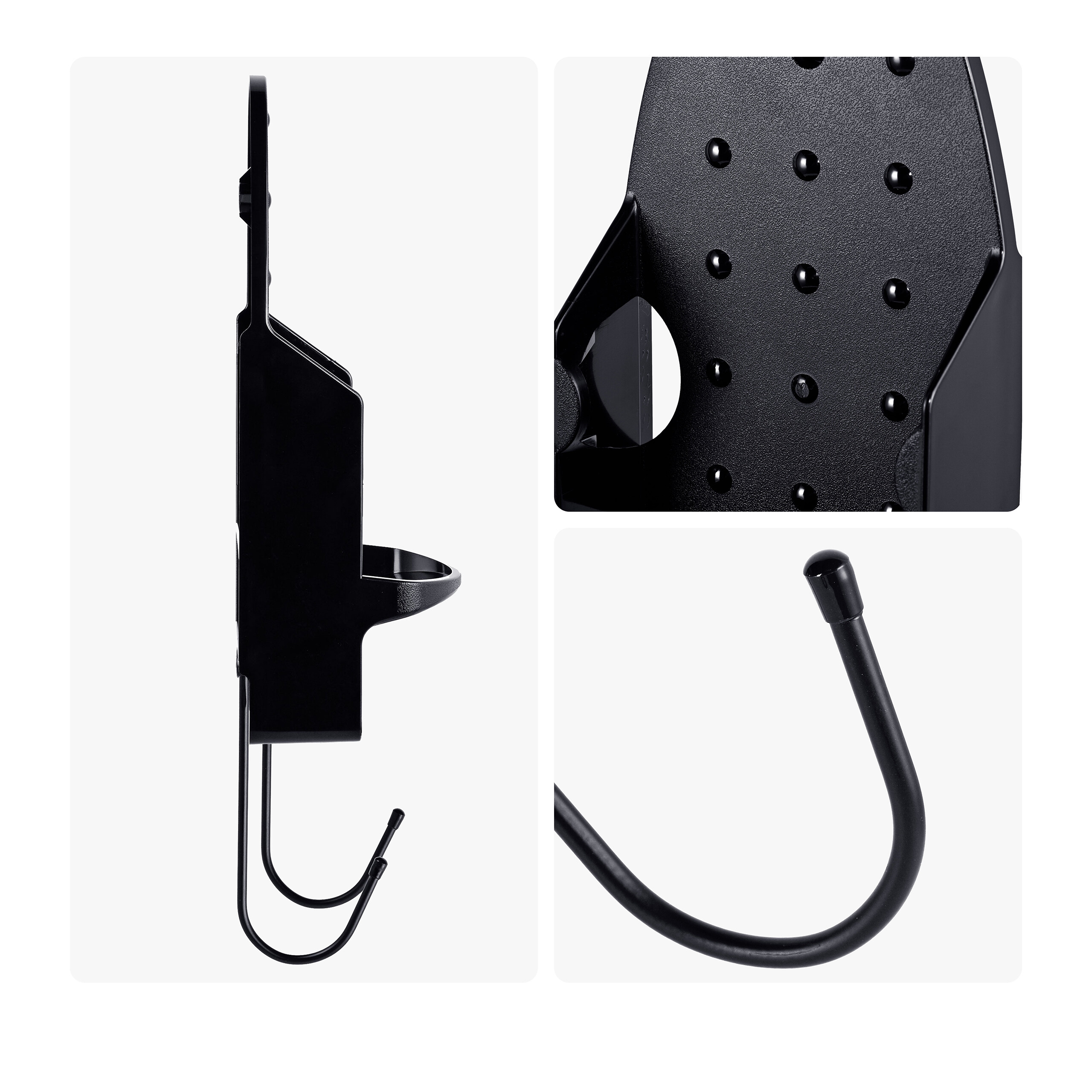 Schwarze Kunststoff-Wandhalterung mit Haken und Zubehörteil in drei verschiedenen Ansichten.