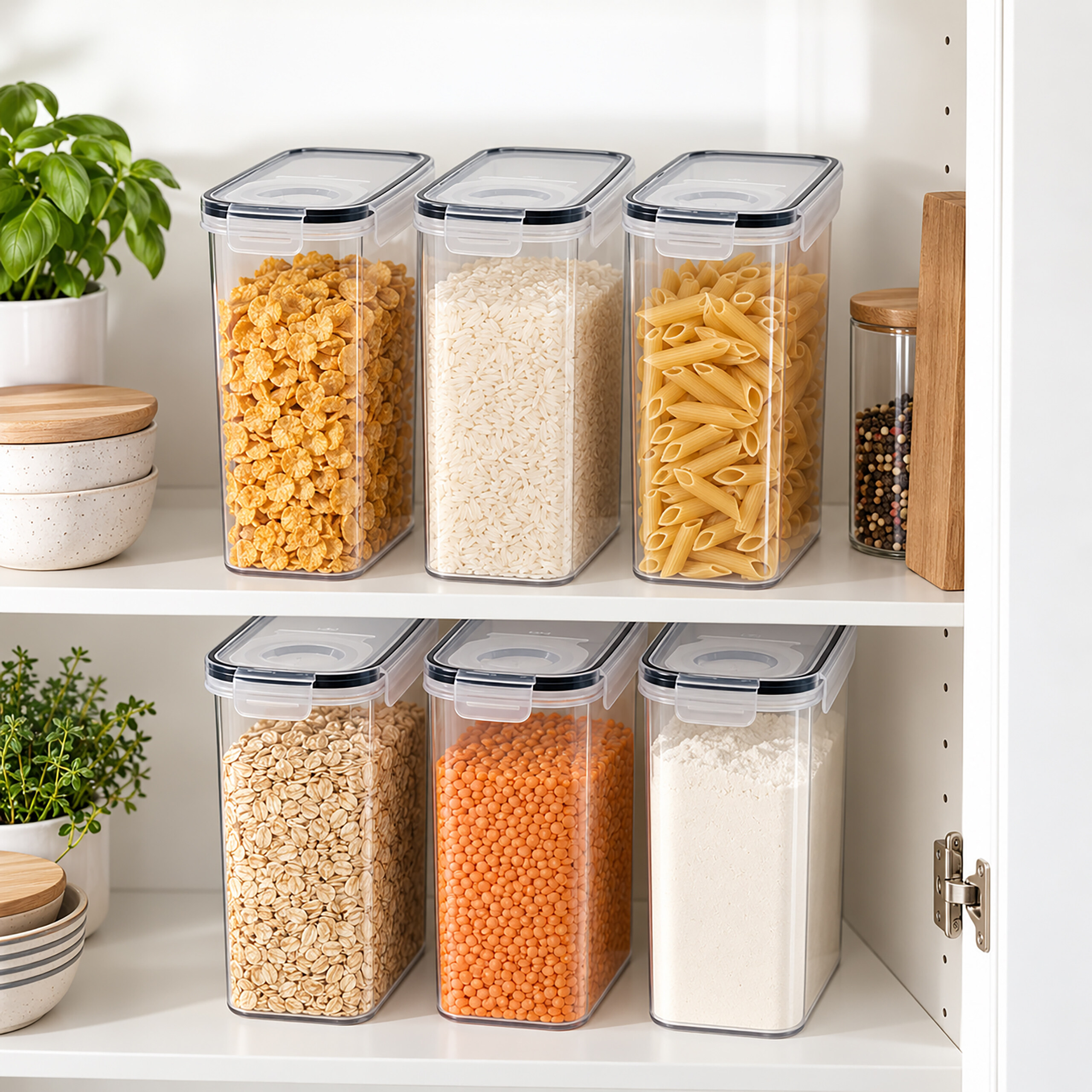 Organisiertes Küchenregal mit transparenten Behältern gefüllt mit Müsli, Reis, Pasta und Hülsenfrüchten.