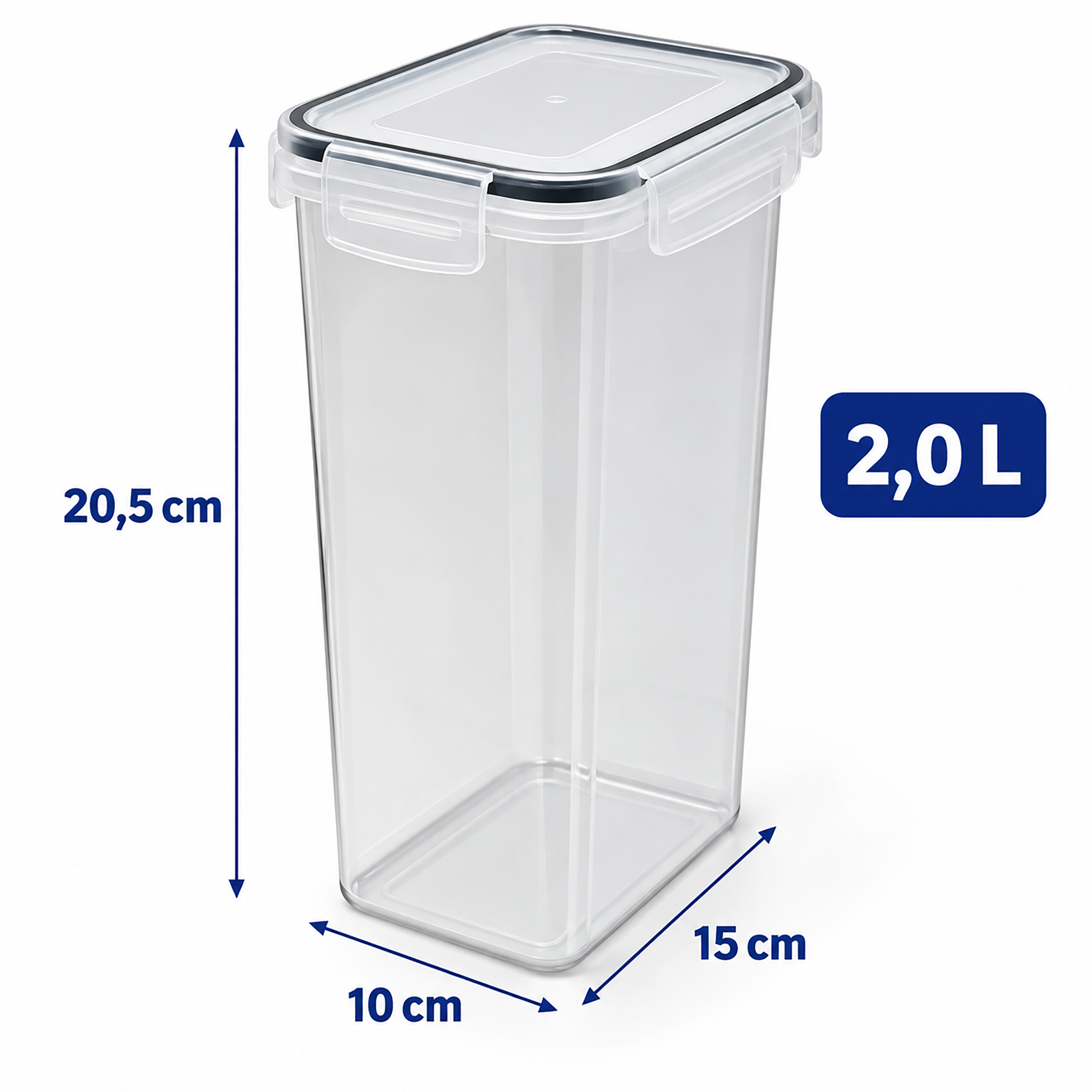 Ein klarer, rechteckiger Vorratsbehälter mit 2L Fassungsvermögen und Maßangaben für Höhe, Breite und Tiefe.