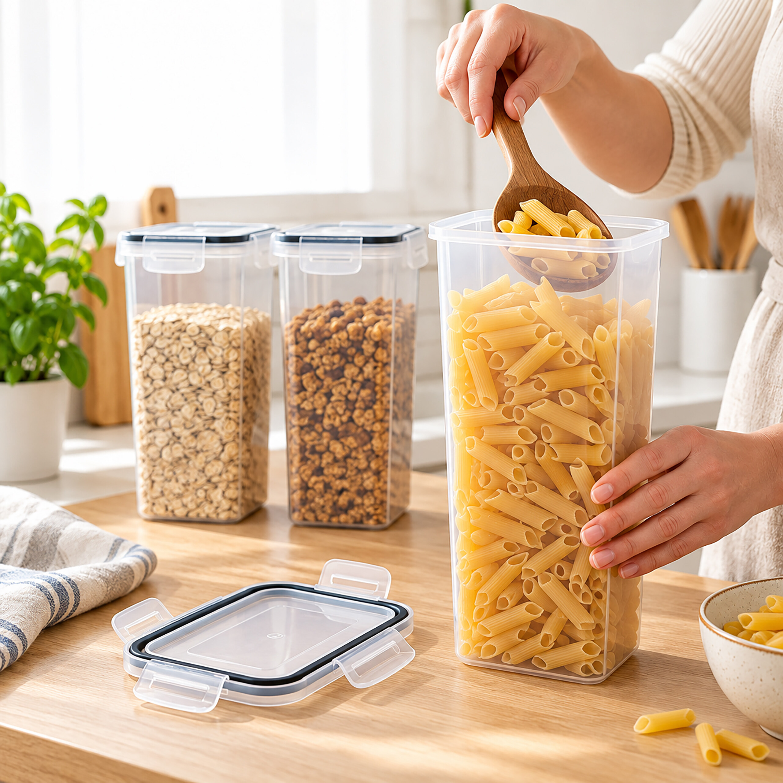 Eine Person füllt Penne-Nudeln mit einem Holzlöffel aus einer Vorratsdose auf einer Holzarbeitsplatte.