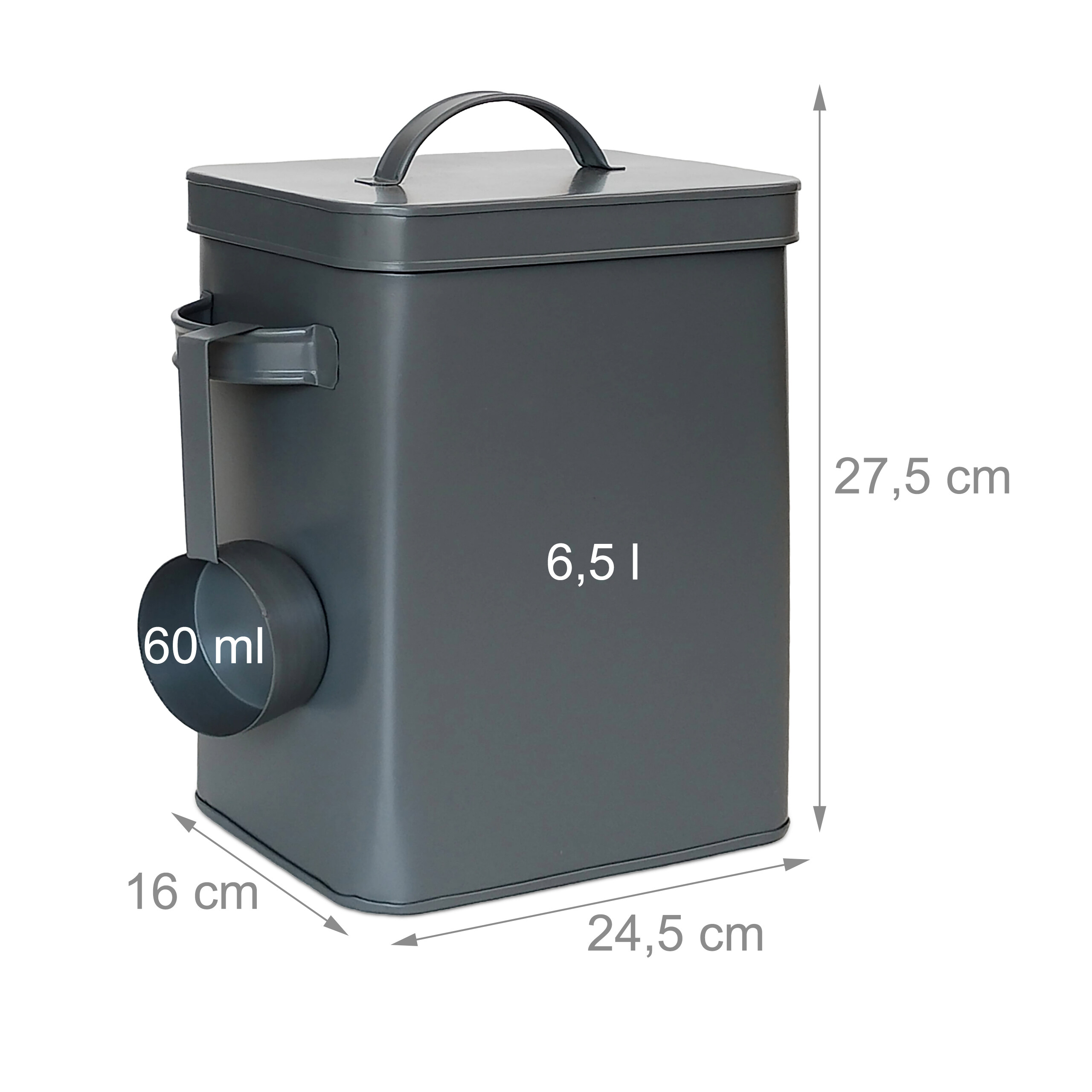 Grauer Metallbehälter, 6,5 Liter, mit Deckel, Griff und Schaufel, inklusive Maßangaben.