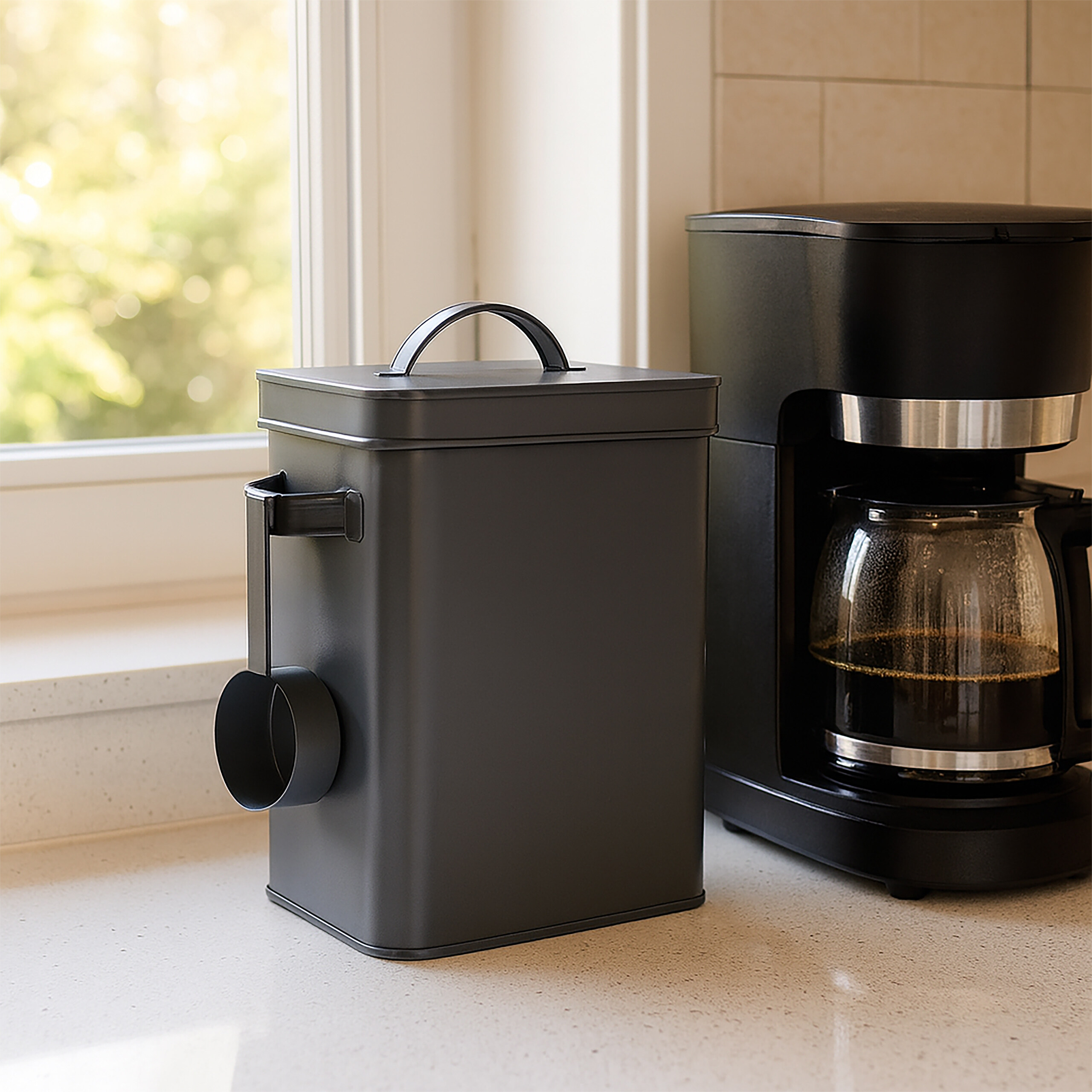 Ein grauer Kaffeedosenbehälter mit Löffel und einer Kaffeemaschine auf einer Küchentheke.