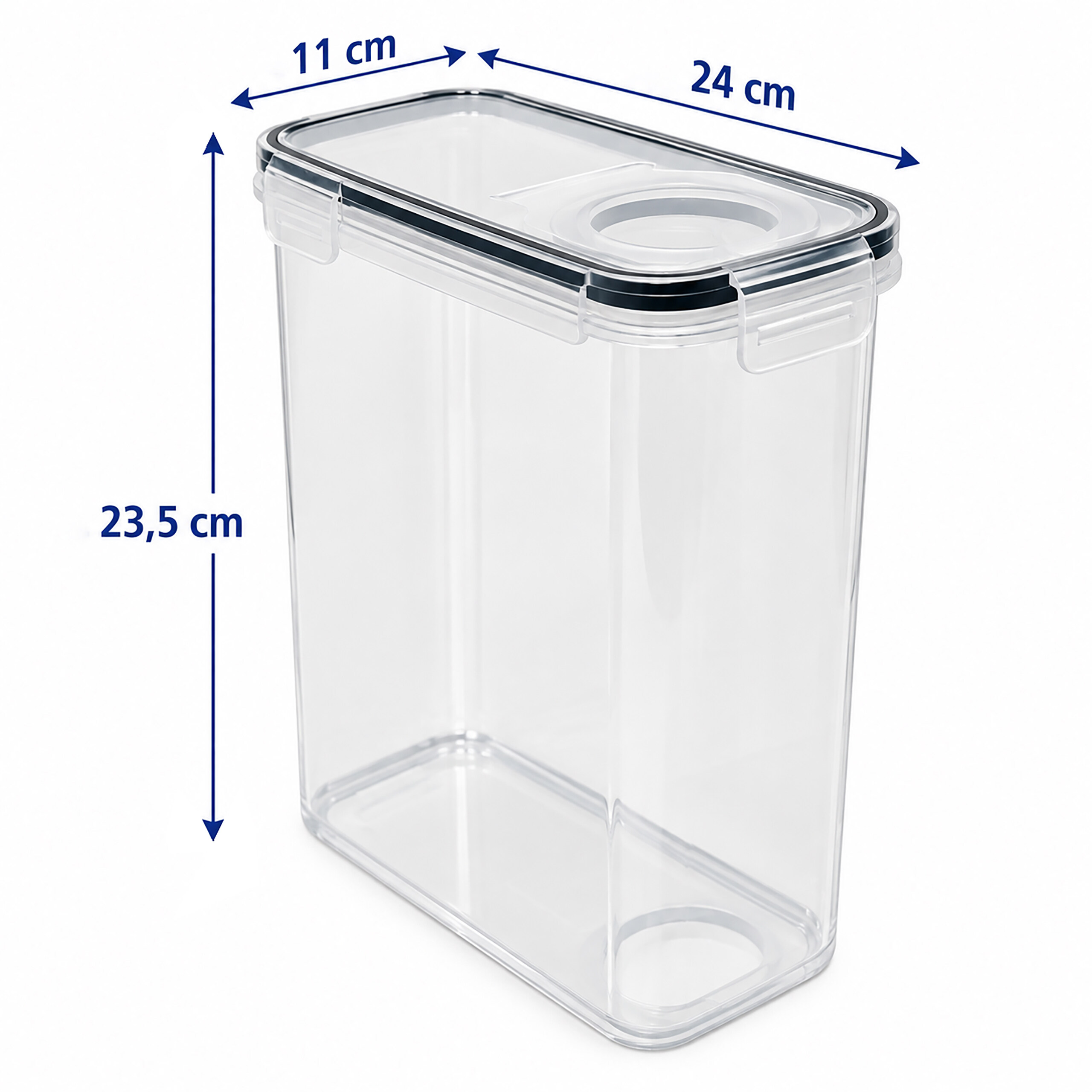 Transparenter Vorratsbehälter mit Maßen von 24x11x23,5 cm und schwarzem Deckel.
