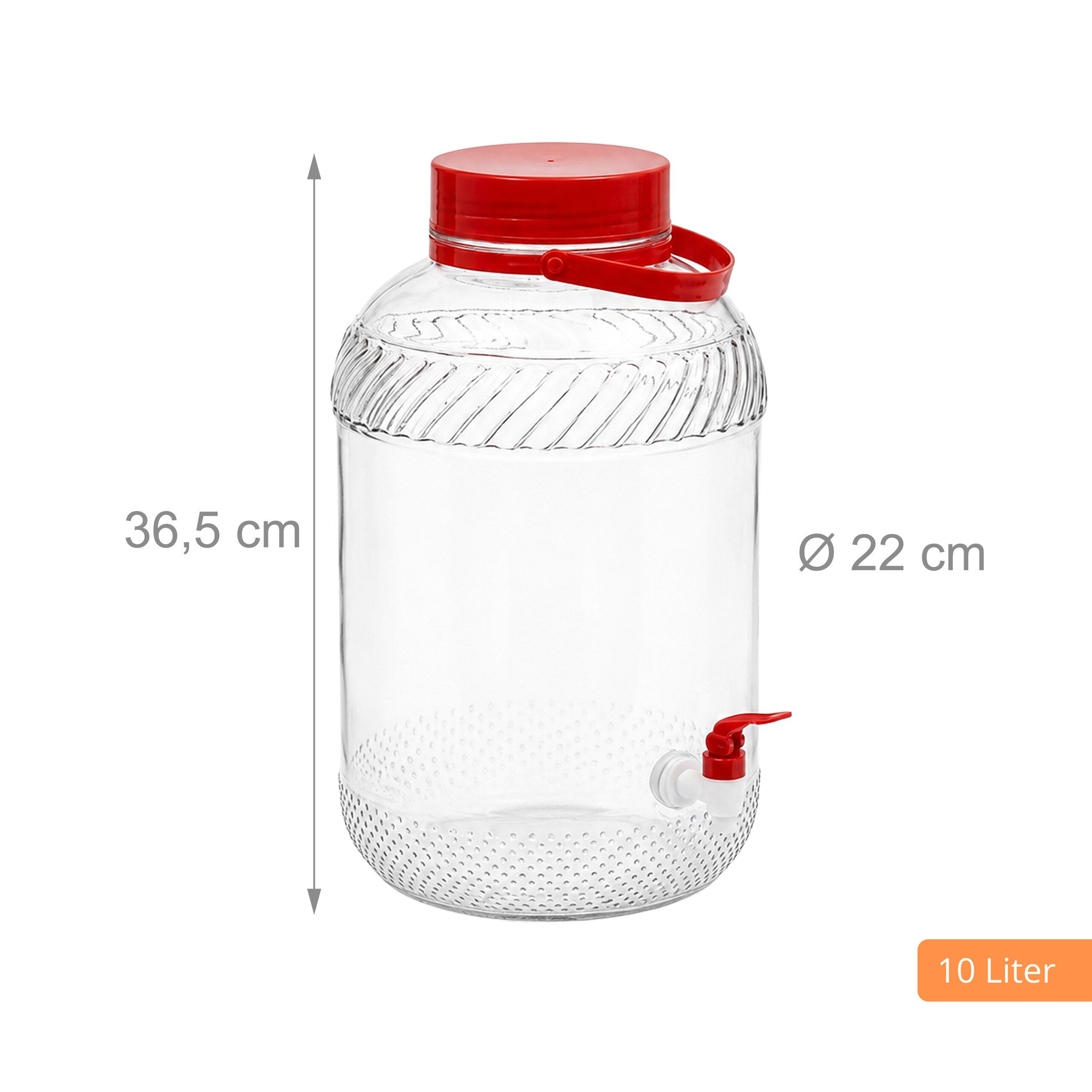 10-Liter-Glasbehälter mit rotem Deckel, Griff und Zapfhahn, 36,5 cm hoch, 22 cm Durchmesser.